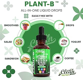 Vitamin B Complex Liquid Drops | Thiamine B1, B6, B2, B3, B4, B5, B7 B9, B12, Niacinamide, Paba, Choline Inositol Taurine Probiotics Beet Root Spirulina - Plant-B Vitamin Supplements by Clean Nutra