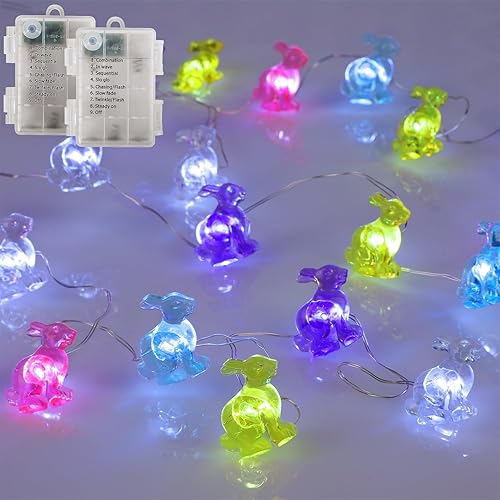 Miniatura 7 de WATERGLIDE Paquete de 2 luces decorativas de Pascua, 16 pies, 50 luces LED cada una colorida guirnalda de luces de conejo, funciona con pilas, 8