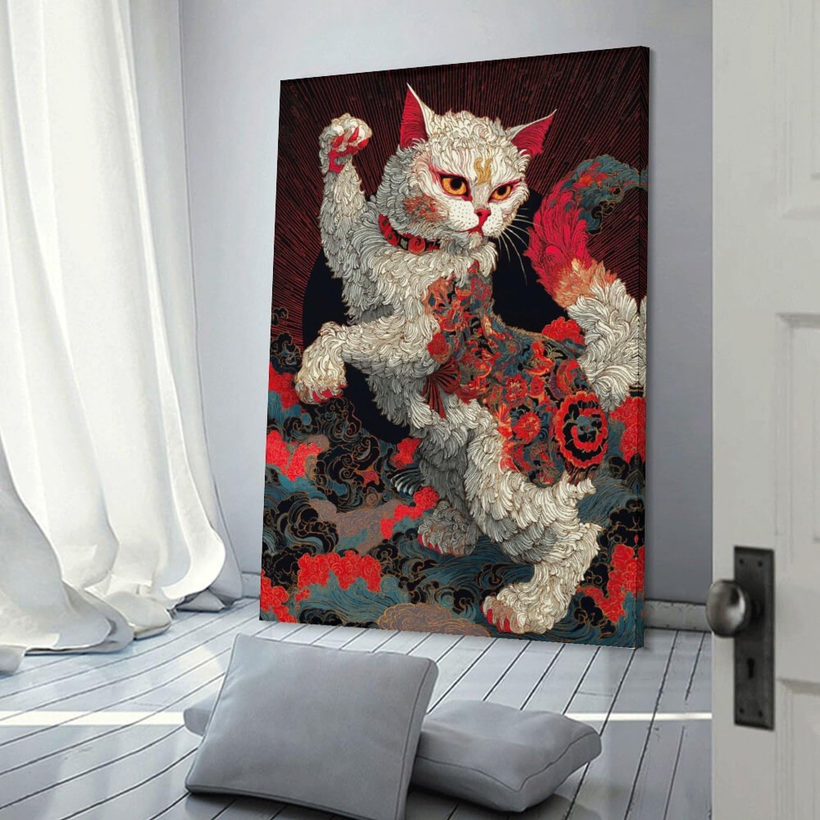 Junmoney Ornate Cat Illustration with Japanese Style Hanging Wall Art, 20x30inch(50x75cm), for Lounge, Bedroom Or Personal Spaces, Gift Idea for Housewarming And Birthdays