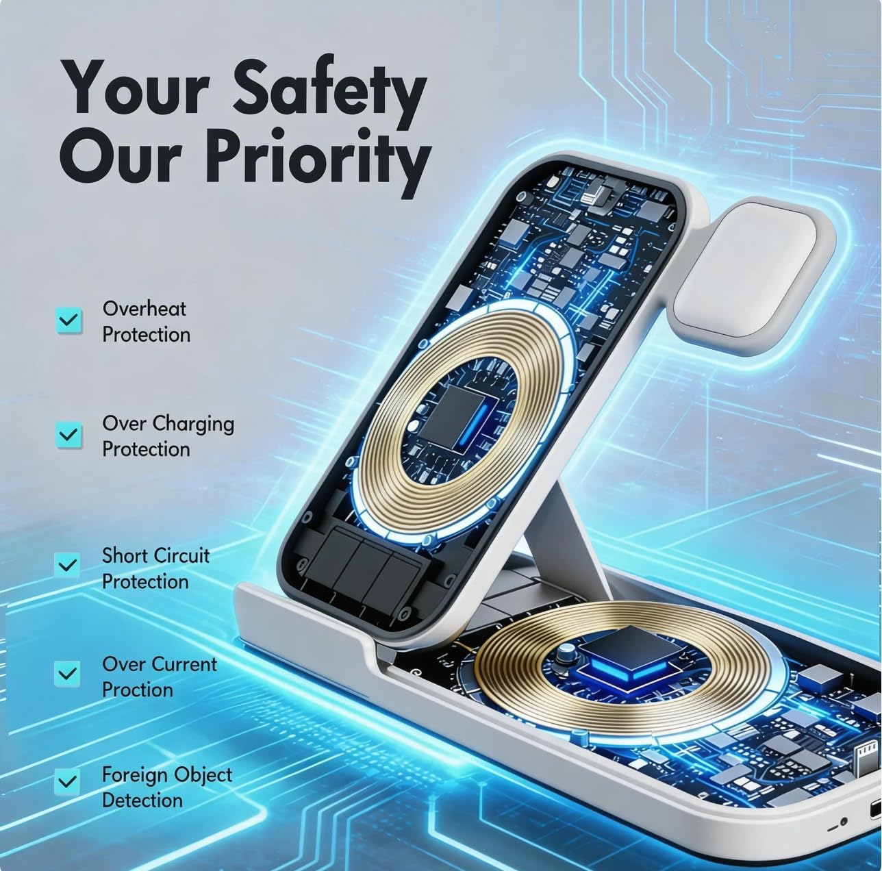 5 in 1 Wireless Charging Station for Multiple Devices, Premium Fast Charging Stand for Apple Samsung Android, Dual Phone Dock with USB Port for Desk Nightstand