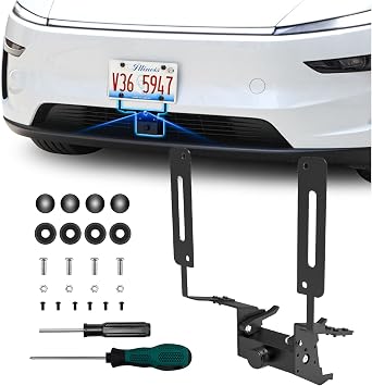 No Drill Front License Plate Holder for Tesla Model Y Juniper 2025-2026, Camera-Compatible Plate Bracket Mount Lockable Anti-Theft No Adhesives License Plate Frame Car Wash Safe Model Y Accessories