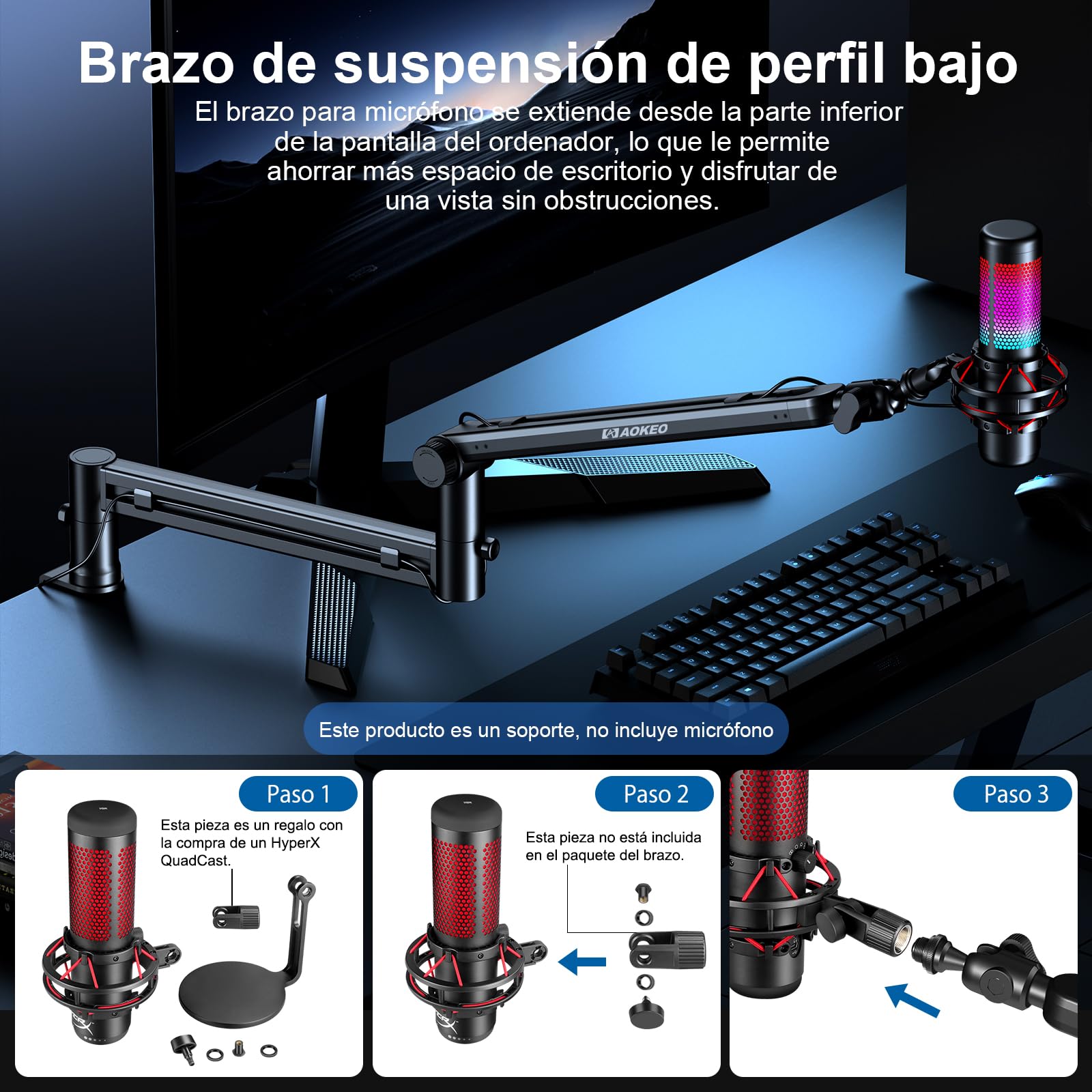 Aokeo AK-58 - Brazo de micrófono ajustable de perfil bajo, adecuado para Blue Yeti, Snowball iCE, HyperX QuadCast, SoloCast, Elgato Wave, etc