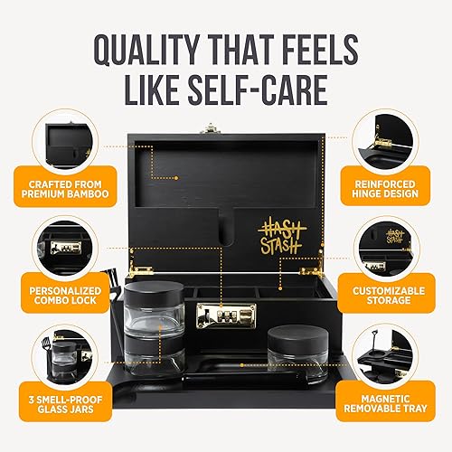 Miniatura 3 de HASHSTASH La Caja de Almacenamiento OG - Caja Grande de Bambú con Cerradura de Combinación, Tapa Magnética, Bandeja Organizadora, Tubo Hermético y 3