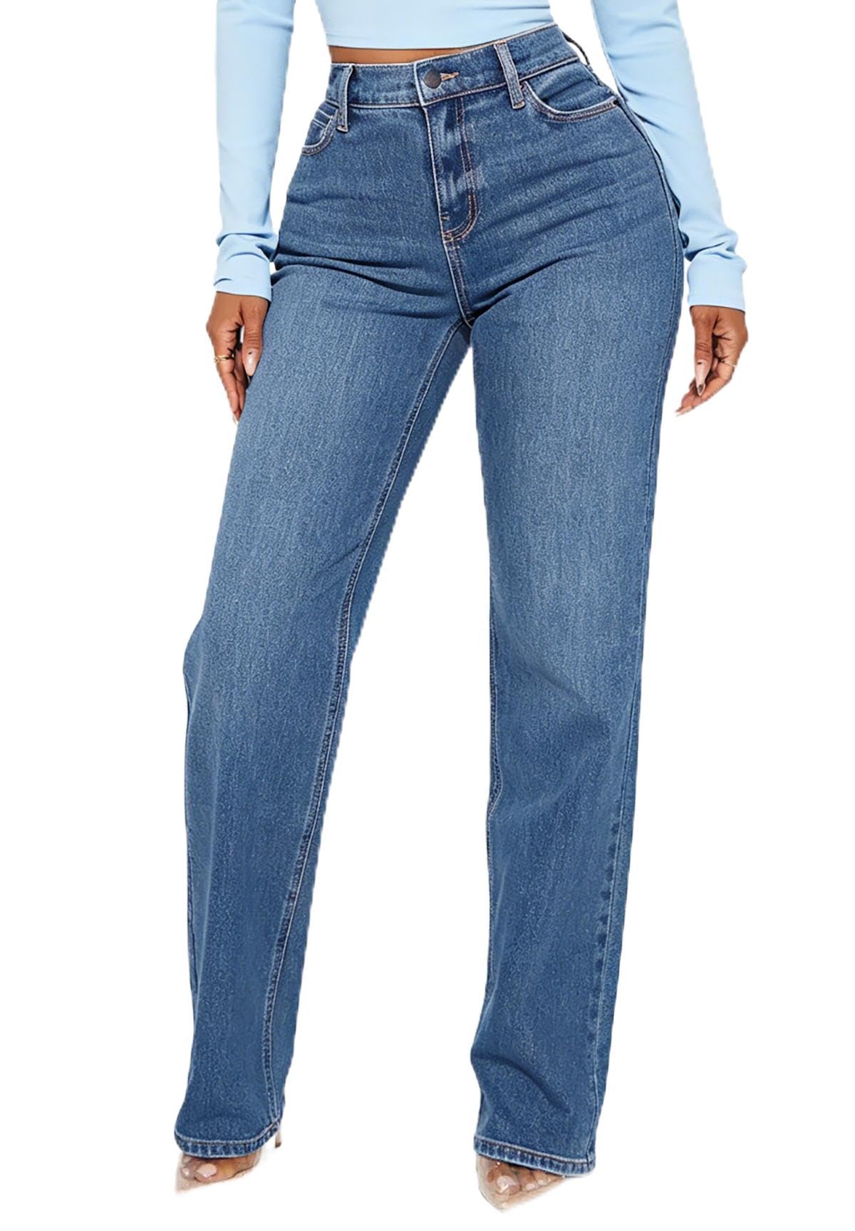 BessCops Straight Leg Jeans for Women High Waisted Wide Leg Stretchy Loose Denim Pants