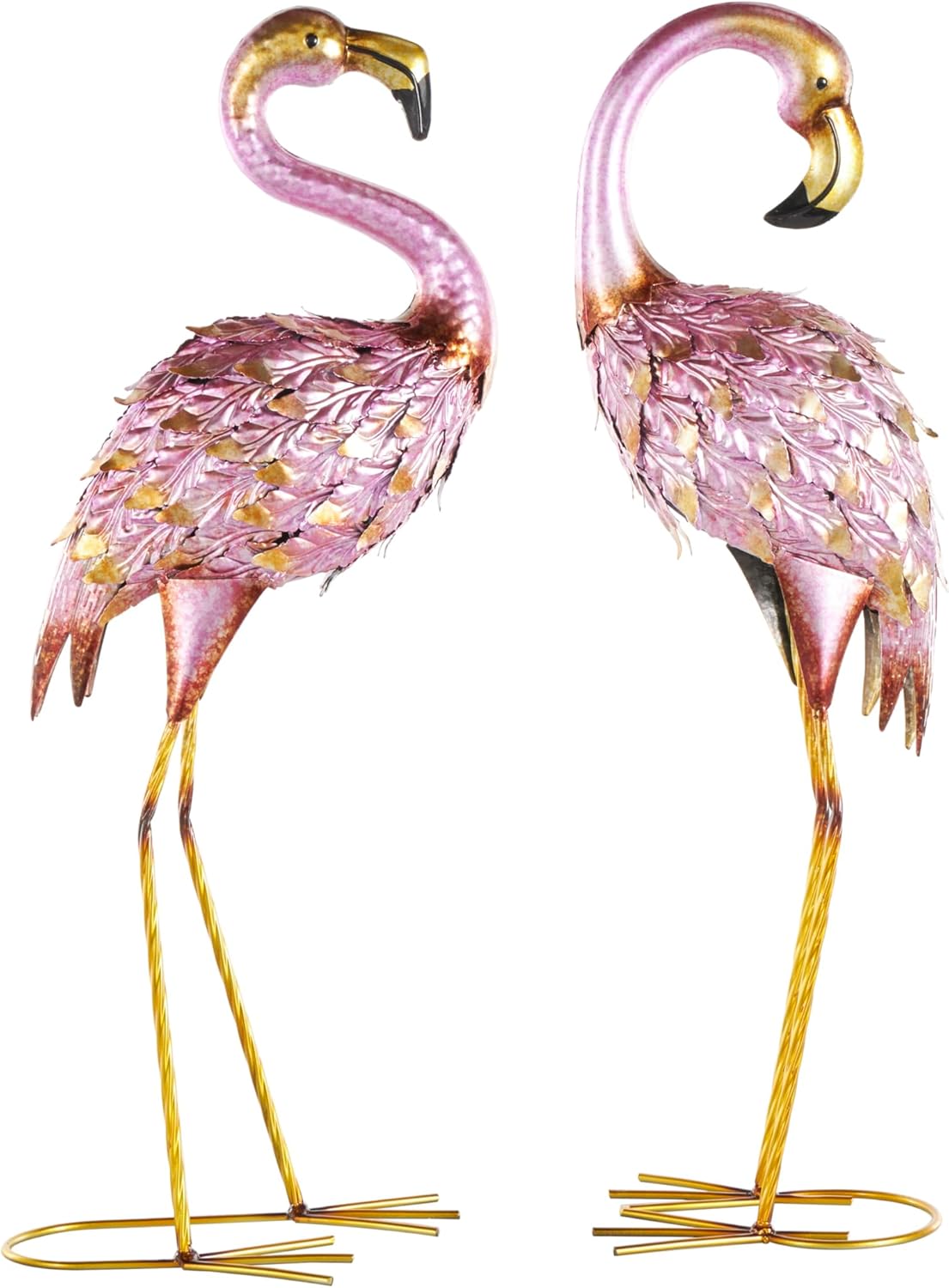 Deco 79 Metal Flamingo Decorative Garden Sculpture Garden Statues with Dimensional Feathers and Gold Accents, Set of 2 Outdoor Sculptures 6" W, 25" H, Pink