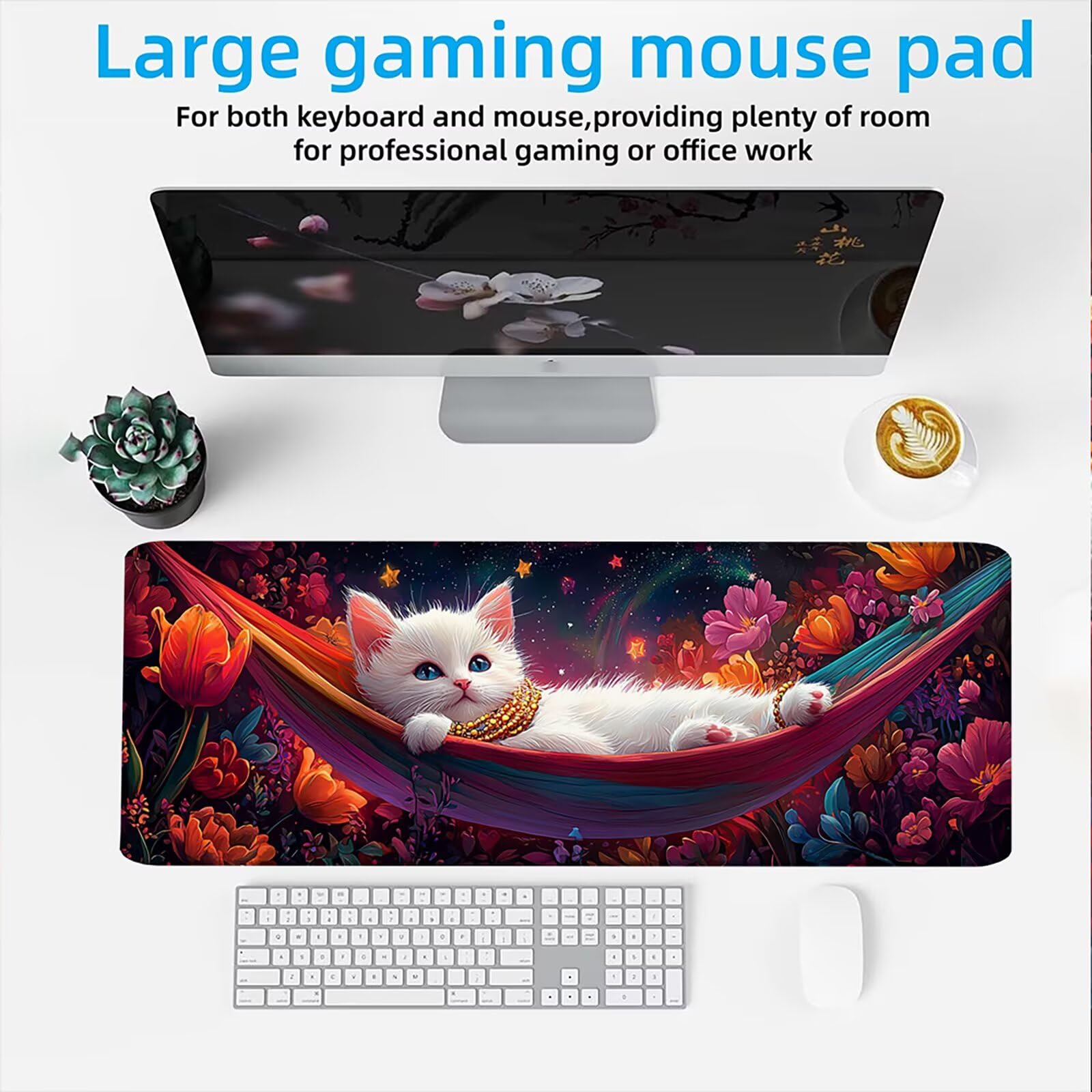 Tappetino Mouse XXL 1200x600x3mm Mouse Pad Gaming, Gatto Bianco Stelle, Mousepad Base Antiscivolo, Esteso Accessori Scrivania Tracciamento Ad Alta Precisione tappetino per Computer Ufficio, C0P-978
