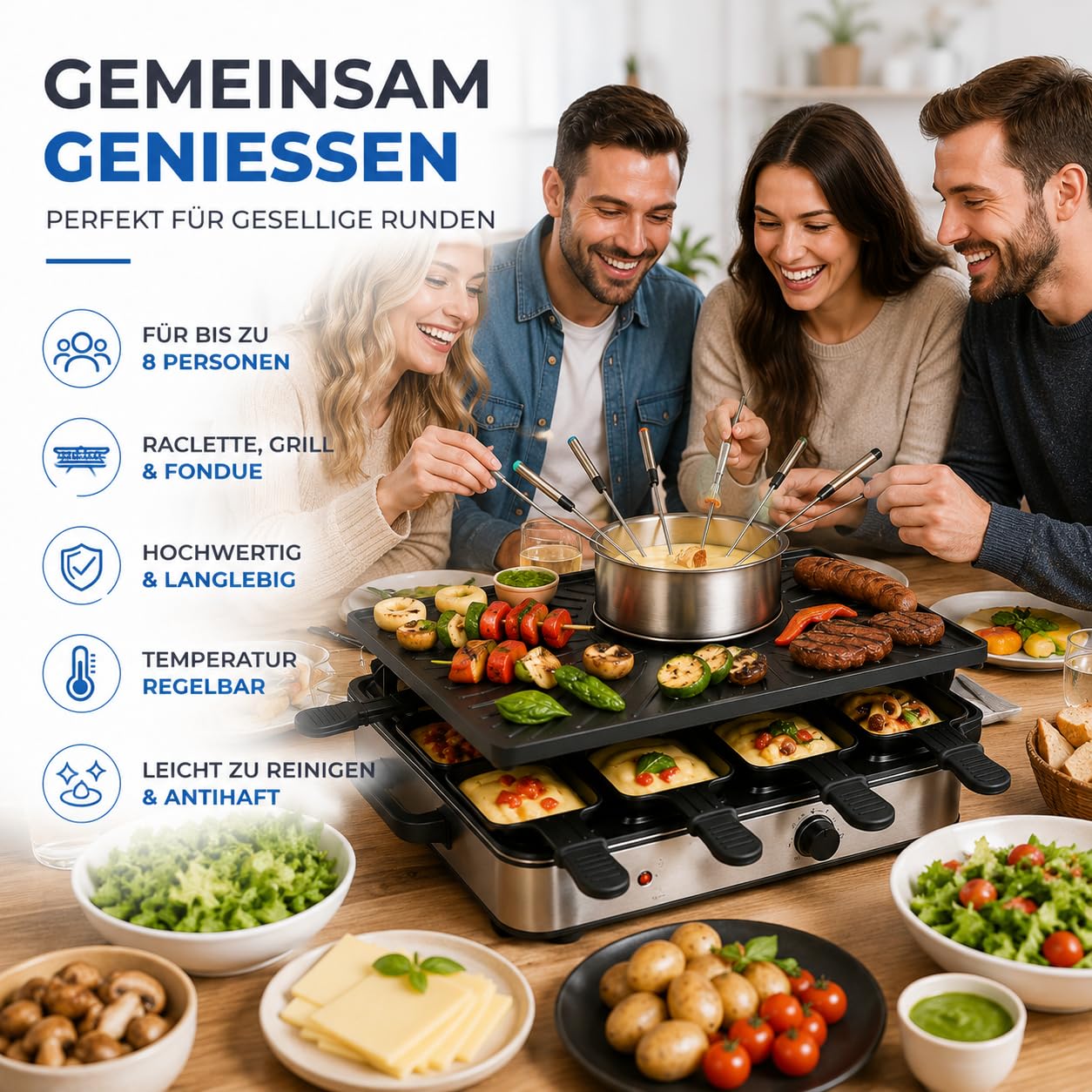 Appareil à raclette pour 8 personnes - Avec plaque de cuisson et fonction plaque de pierre - Barbecue de table avec poêlons et grattoir