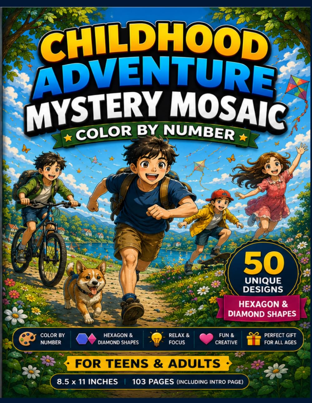 Childhood Adventures Mystery Mosaic: 50 Geometric Color by Number Designs for Teens and Adults featuring Hexagon and Diamond Mosaics
