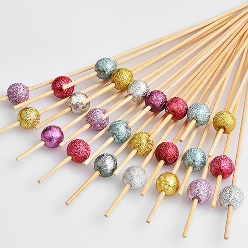 ALINK 100 PCS Glitter Cocktail Picks, Christmas Colorful Pearl Cocktail Skewers for Appetizers, Fancy Wooden Toothpicks for Appetizers, Food,