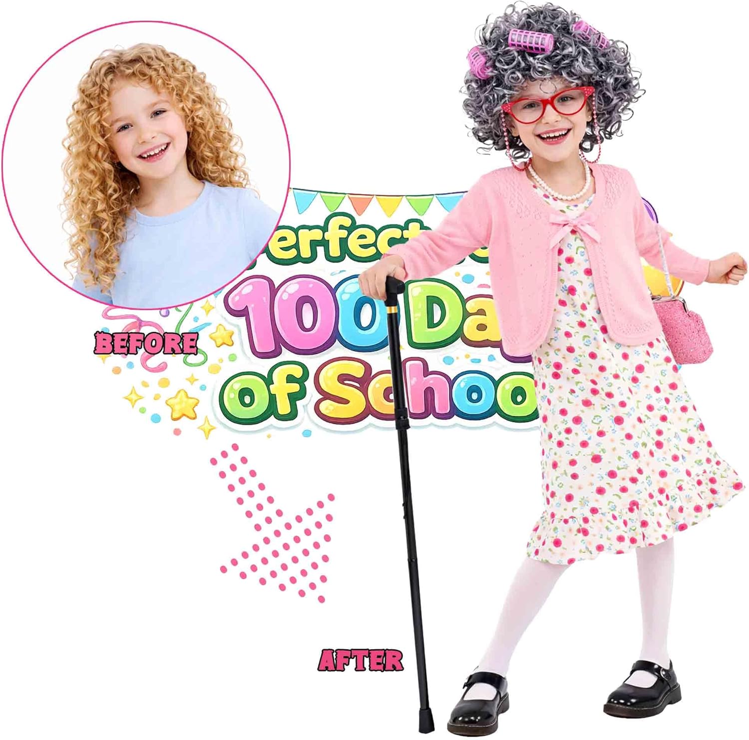 100 Days of School Costume for Girls, Old Lady Costume for Kids, Granny Grandma Dress Up - Image 5