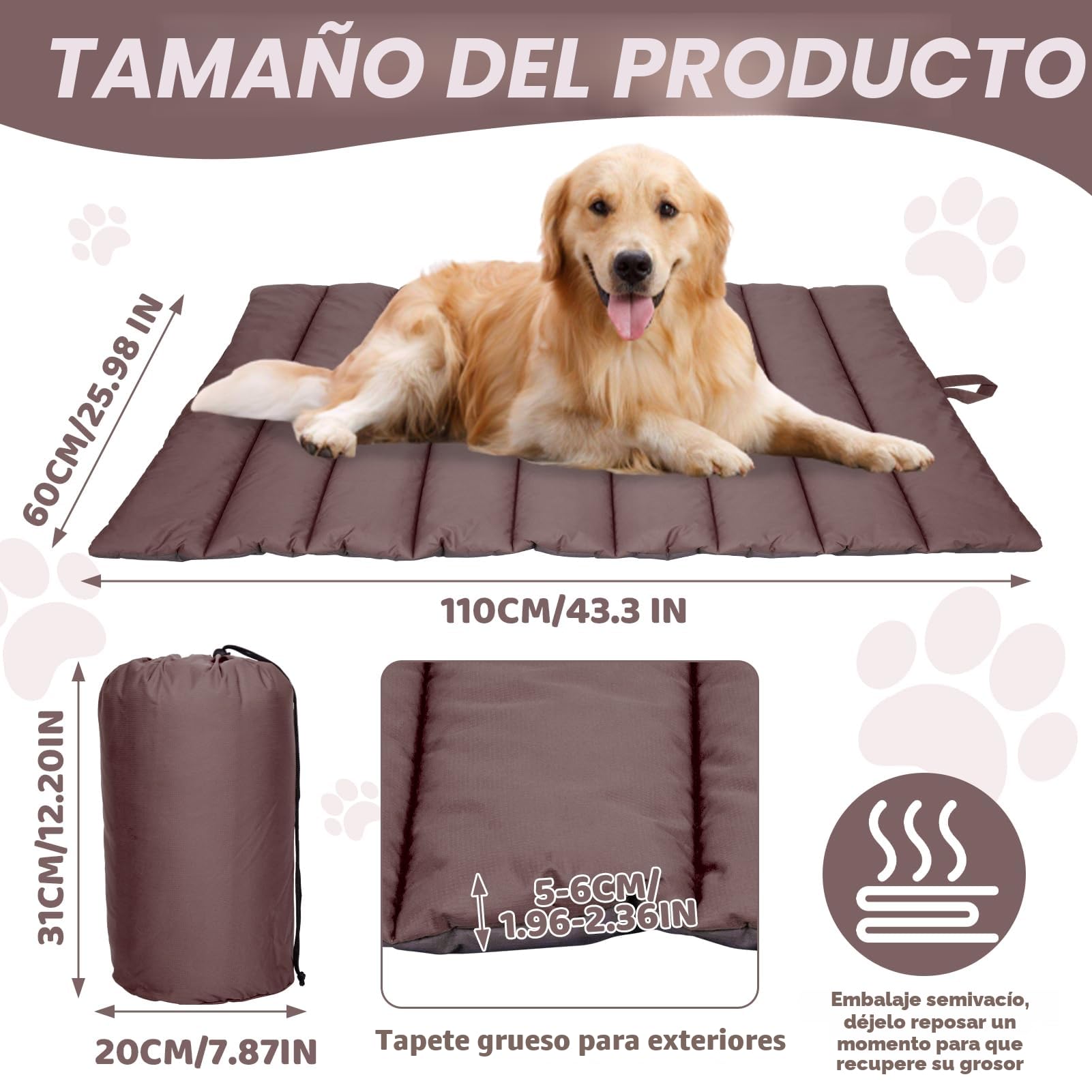 XIAPIA Cama Grande Perro, Impermeable Interior y Exterior, Colchón Manta para Perros, Portátil y Plegable Alfombrilla, Lavable, 110x66cm