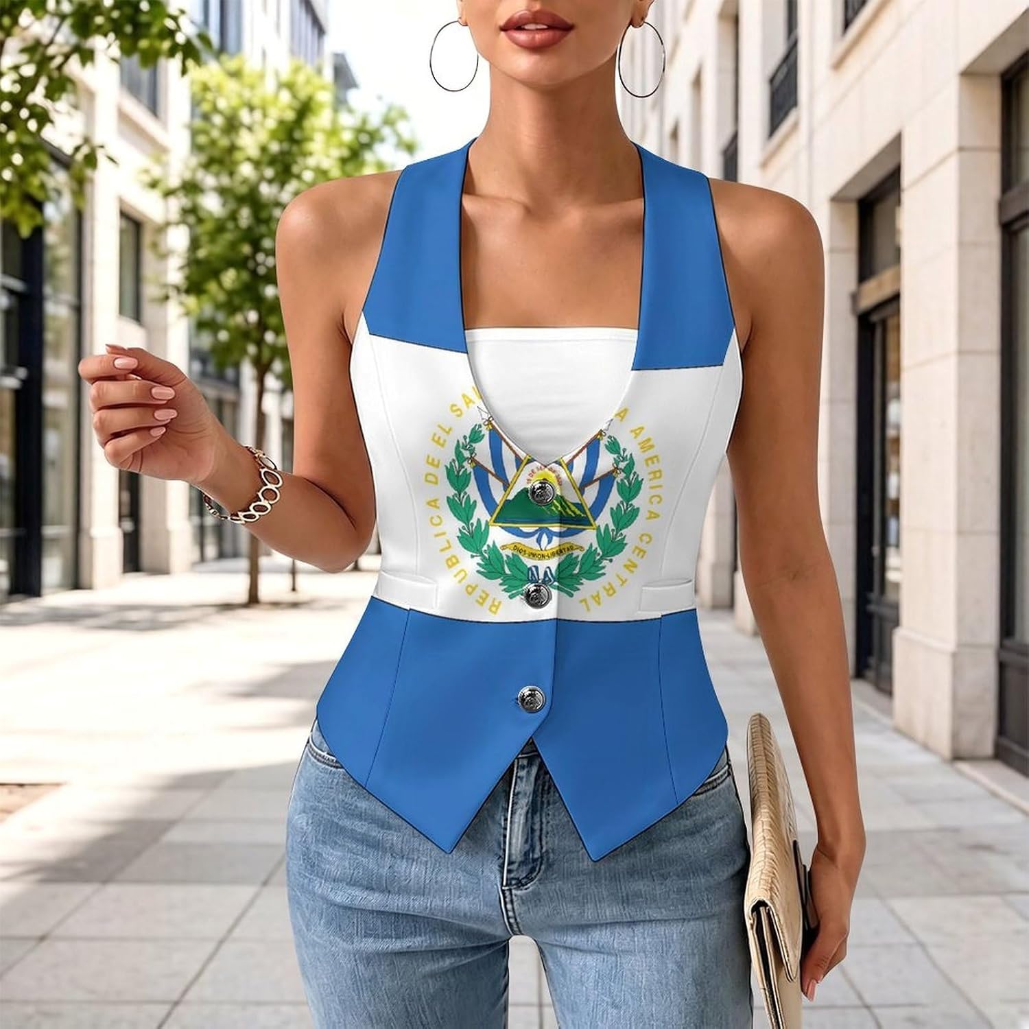 Flag of El Salvador Women's Tuxedo Waistcoat Suit Vest | 3 Button V-Neck Slim Fit Casual Sleeveless Top