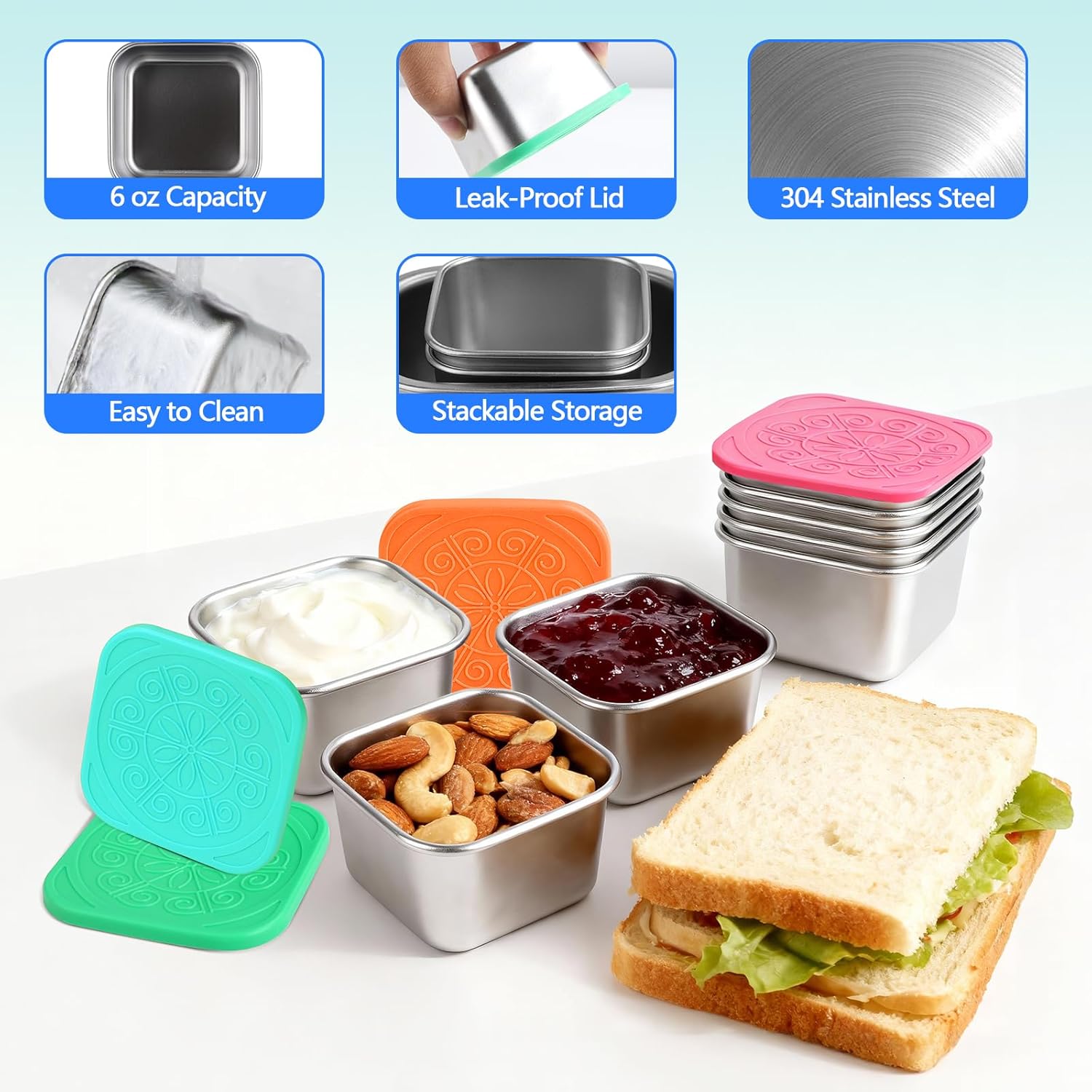 6 Pack Stainless Steel Snack Containers - 6oz Reusable & Small Containers With Lids, 304 Metal Stackable Snack Cups, Lunchable Snack Containers for School, Travel, Picnic - Image 5