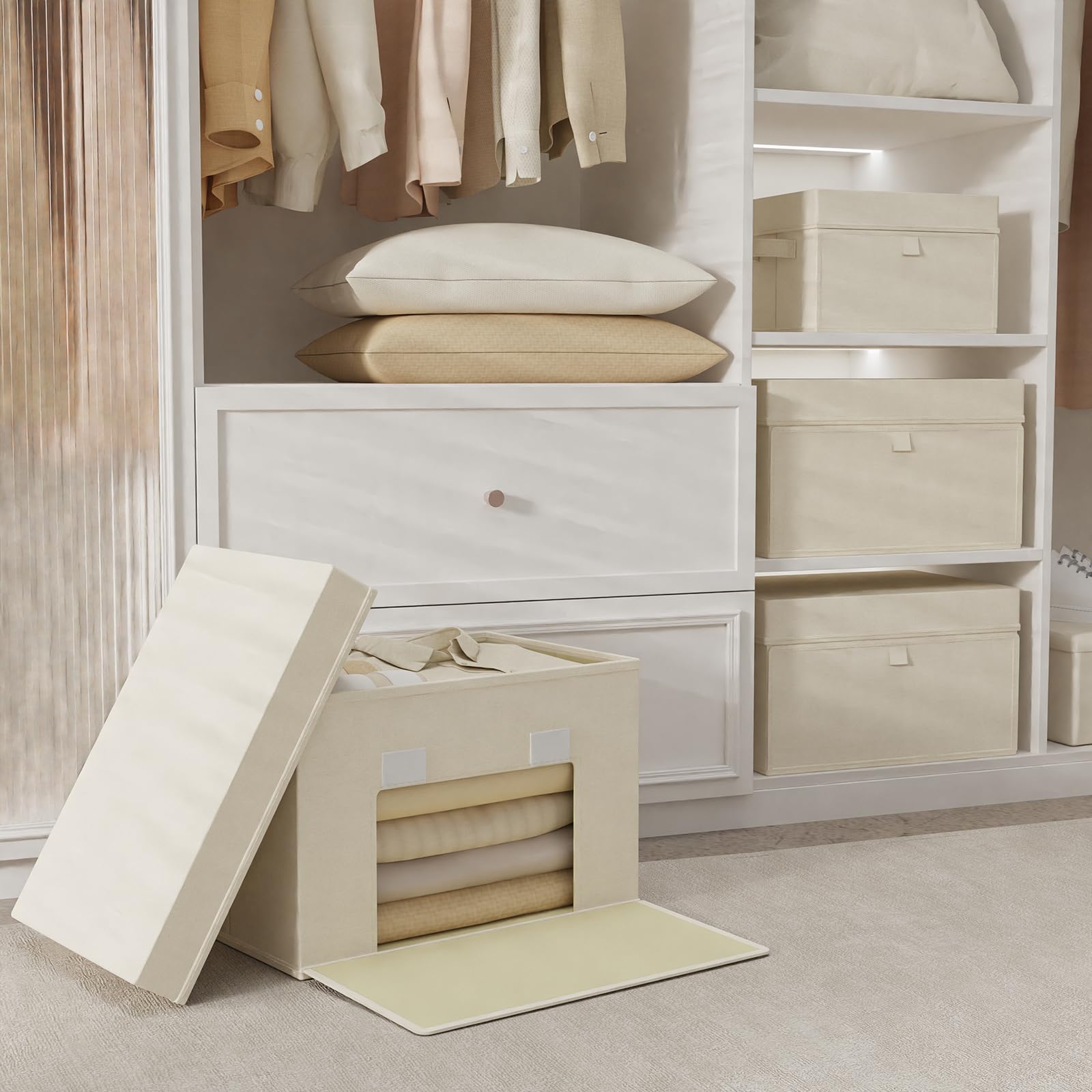 Scatole di Stoccaggio Pieghevoli con Coperchi, Organizzatore Armadio con Manici, Cubo Portaoggetti in Tessuto, per Casa, Ufficio, Scuola, 3 Pezzi, 38x25x25cm, Beige