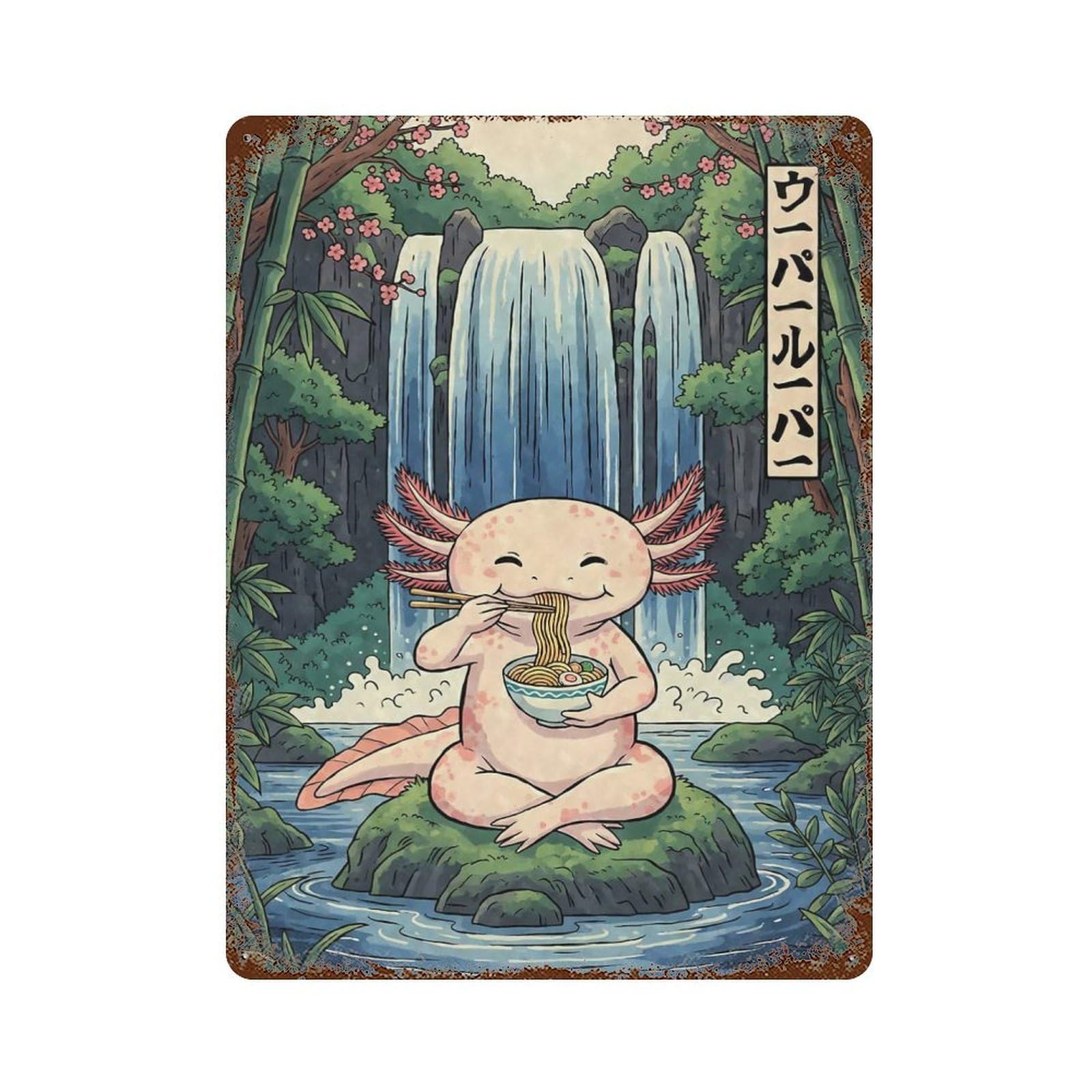 Axolotl Eating Ramen by Waterfall Rusty Metal Tin Sign 15.7"x11.8", Rustic Home Decor for Living Room, Hallway And Home Decor