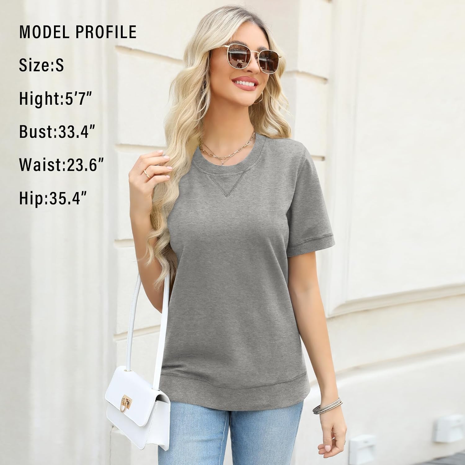 Elesomo Womens Sweatshirts Short Sleeve Cotton Casual Pullover Sweat Shirt Fall Outfits - Image 4