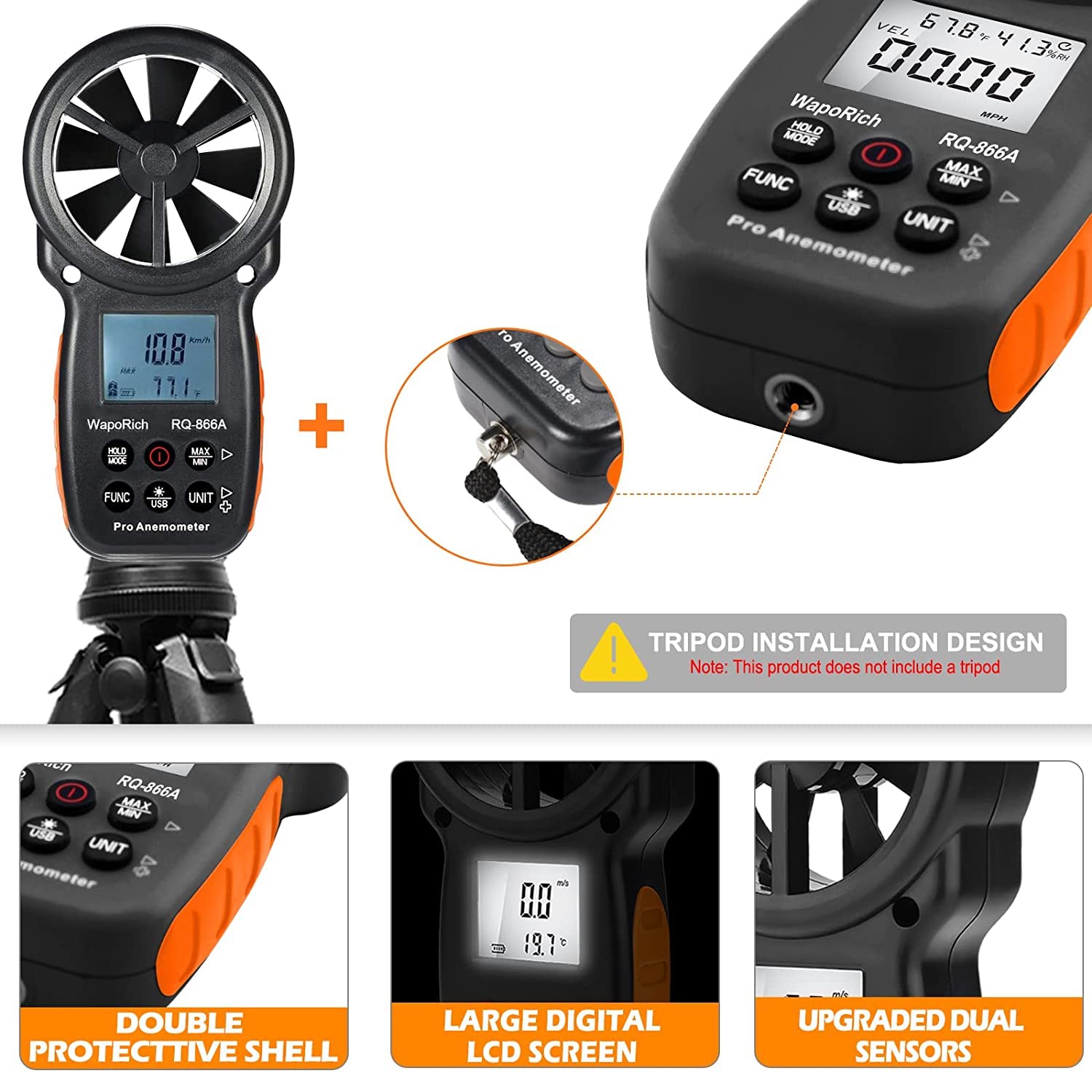 Anémomètre Numérique CFM, WapoRich Anemometre Portable - Synchronisation des Données avec PC pour une Analyse Précise - Mesure la Vitesse du Vent/Débit d'Air/Humidité/Temp/Point de Rosée RQ-866A