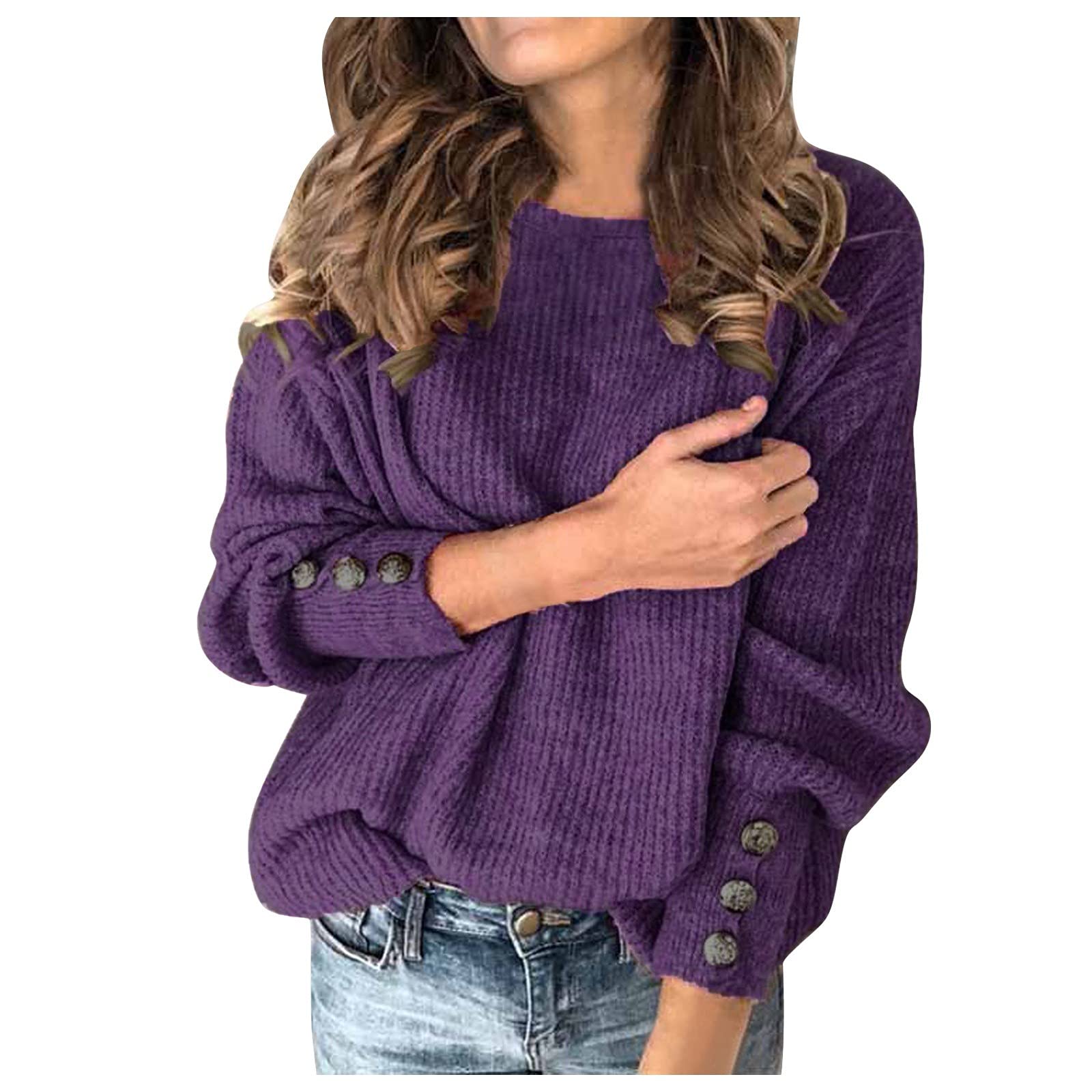 Ymosrh Women's Thick Sweaters Fashion Solid Color Pullover Round Neck Warm Long Sleeve Sweater