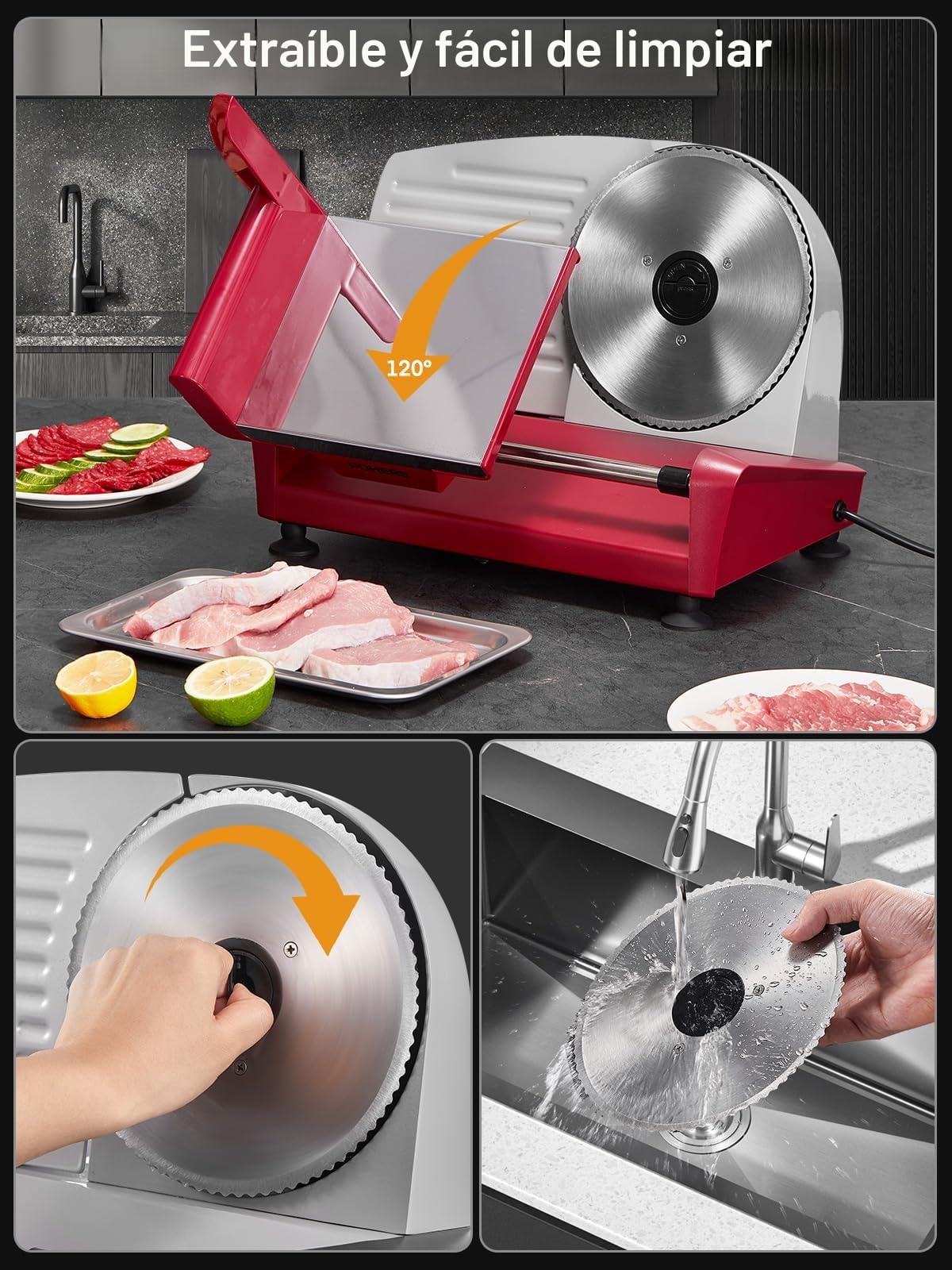 250W Cortadora de Fiambre - Cortafiambres Eléctrico con 3 Cuchillas de Acero Inoxidable Removibles de 19cm, Grosor Ajustable de 0 a 15mm, Bloqueo de Seguridad y Pies de Succión
