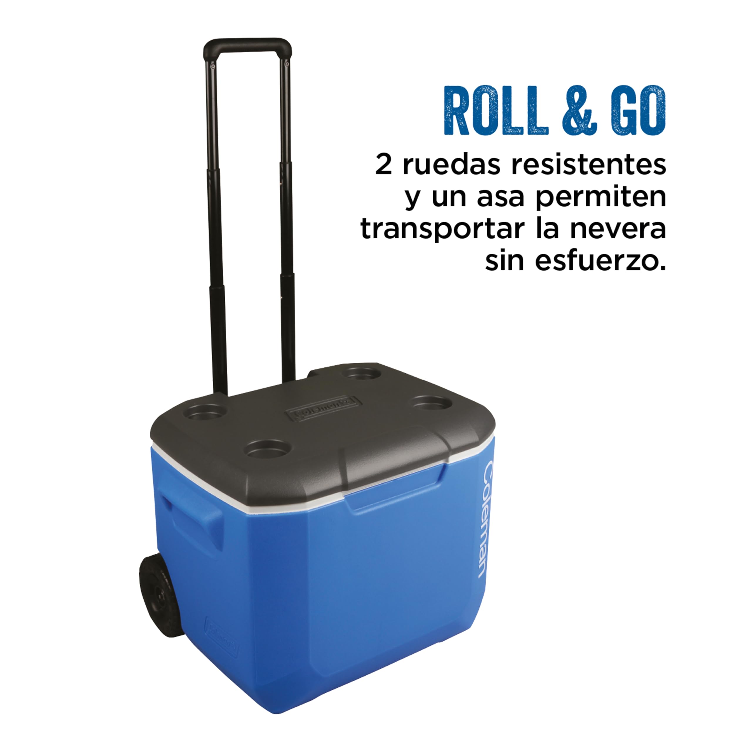 Coleman Performance Tri-Colour 60QT Wheeled Cooler Box | Nevera Portátil Rígida con Ruedas para Camping | 56 L, Azul/Blanco/Gris