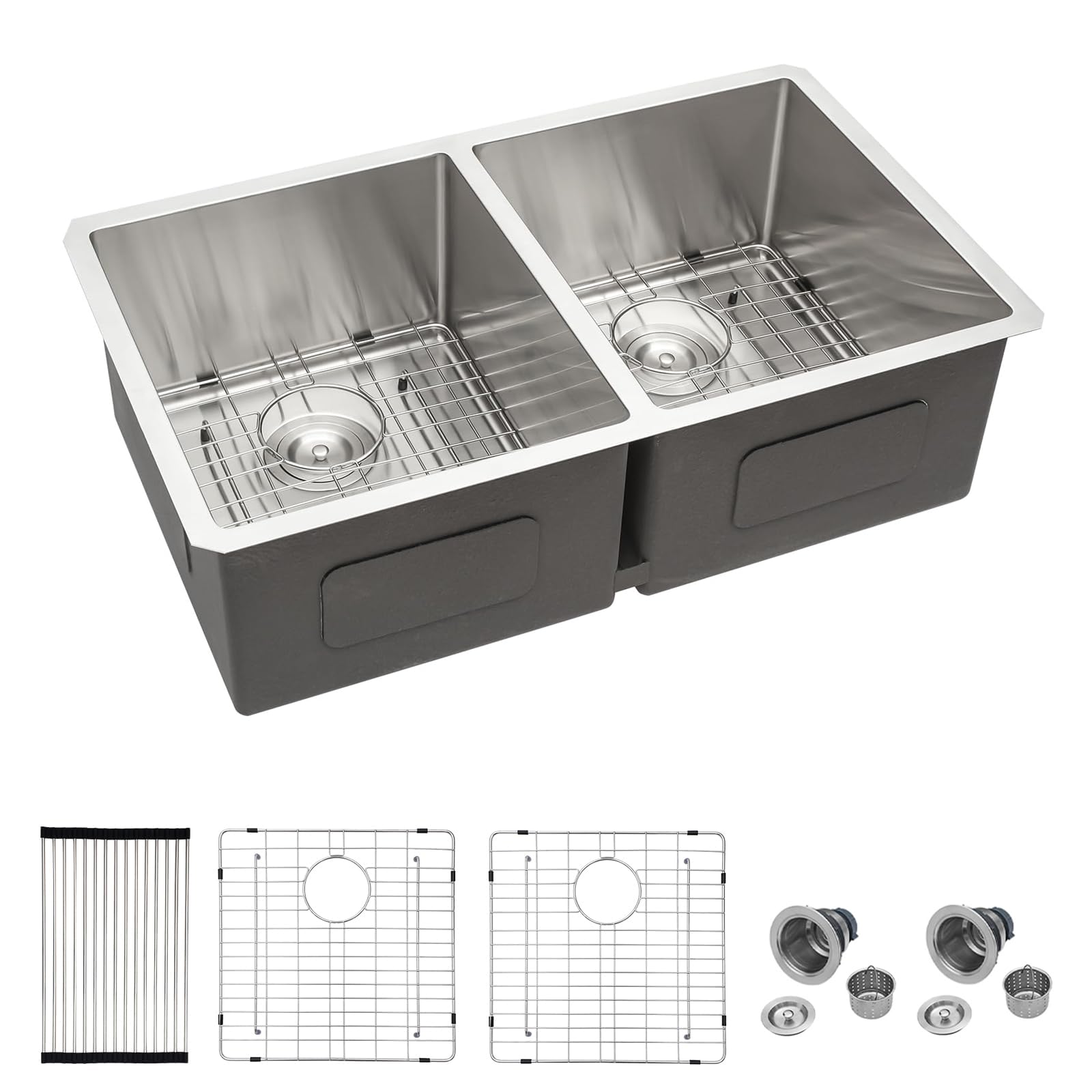 Mocoloo 33 Inch Kitchen Sink Double Bowl 16 Gauge 33 x 19 Stainless Steel Undermount Double Sink 50/50 Two Equal Compartment Under Counter Handmade, 10'' Deep Basin