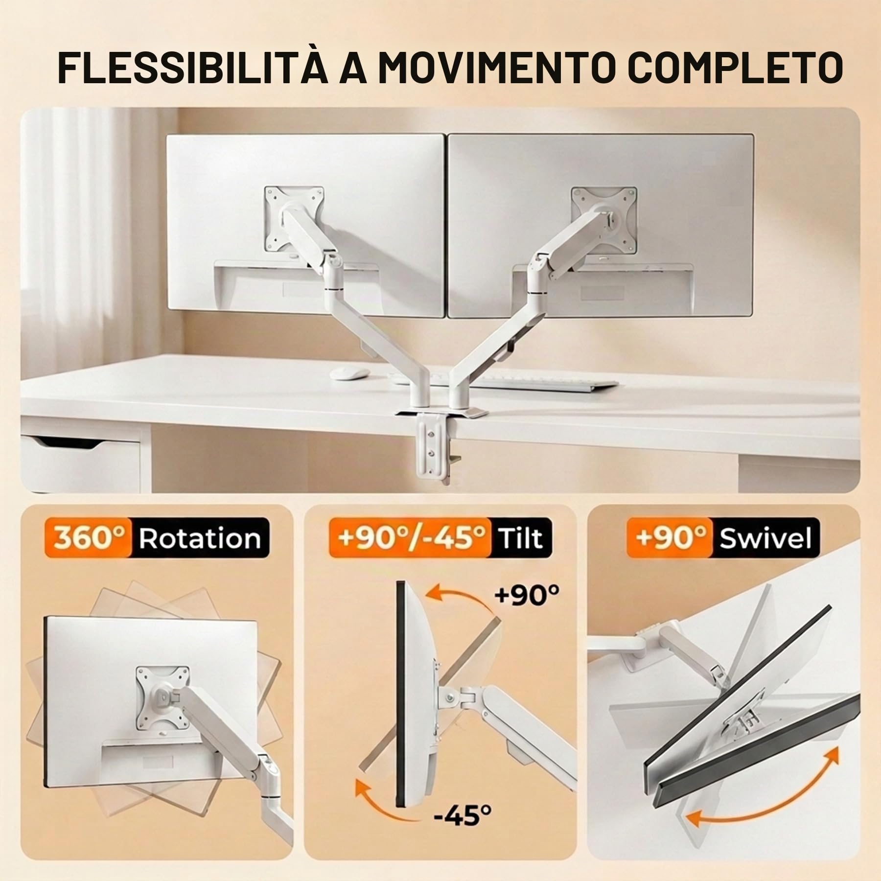 Bianco Supporto Doppio Monitor Scrivania 17-30 pollici Braccio Monitor Arm PC LED LCD Vesa 75 mm e 100 mm, 2-9kg, Molla a Gas, M22W