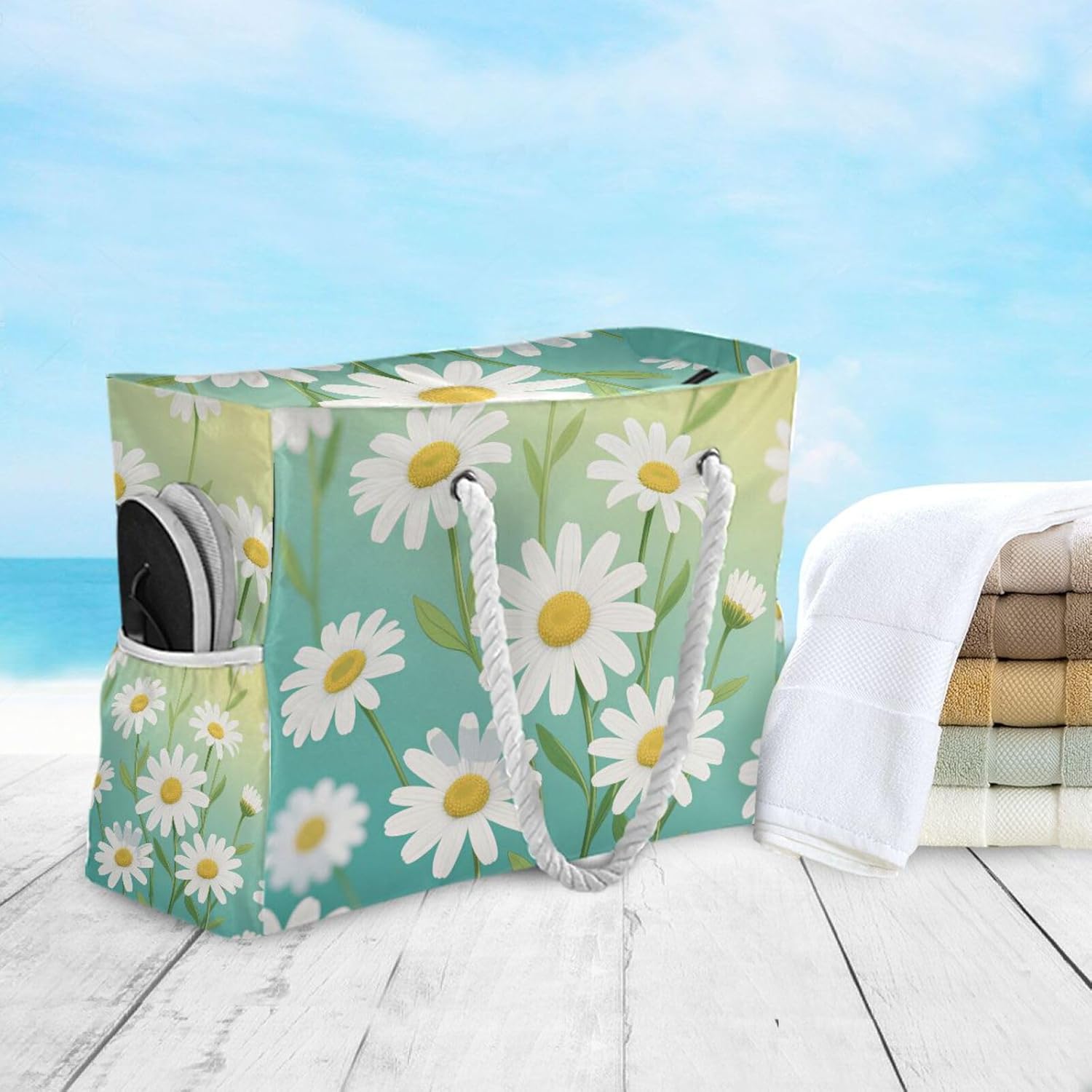OTVEE White Daisy Flowers with Leaves Beach Bags for Women Ladies Large Canvas Tote Shoulder Bag Waterproof Travel Bags for Gym Swim Pool Camping