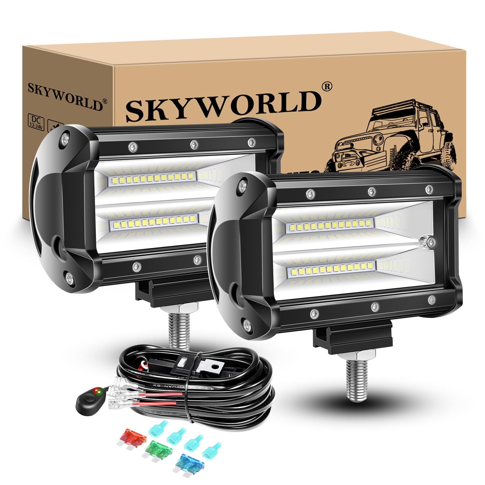 SKYWORLD Listwa oświetleniowa LED 12,7 cm 72 W z zestawem wiązki przewodów 12 V, Flood LED Pods 4 x 4 światła, wodoodporne, do jazdy terenowej, ciężarówki, traktora, SUV-a, ATV, łodzi, 2 szt