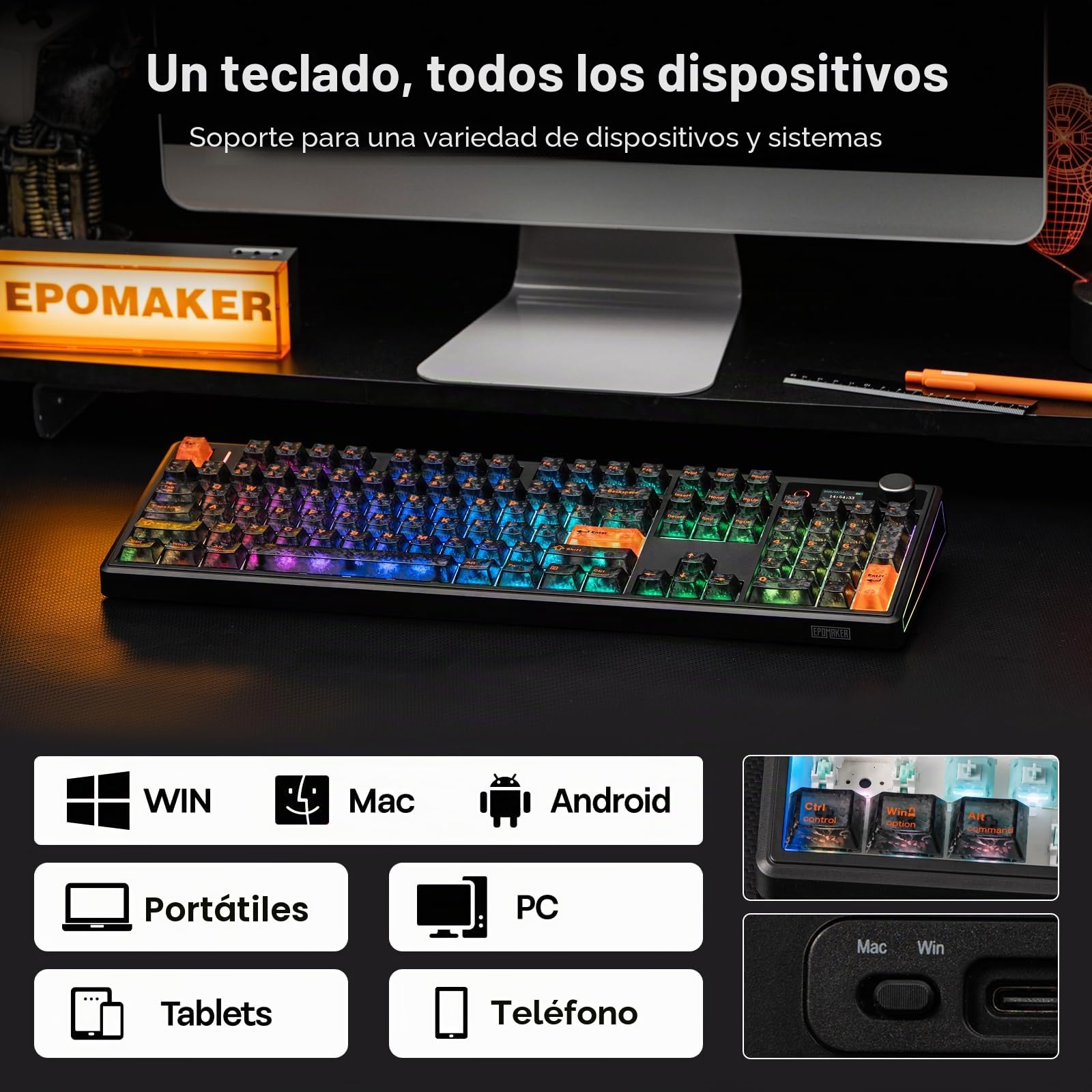 EPOMAKER TH108 V2 Pro Teclado Gaming Mecánico de Tamaño Completo con Pantalla y Perilla, 10000mAh, BT/2.4Ghz, Teclas PBT, Modificador de Mac, Hot Swap, RGB,Gasket,para Mac/PC (Negro, Creamy Jade) | Perilla, 10000mAh, BT/2.4Ghz, Teclas PBT, Modificador de