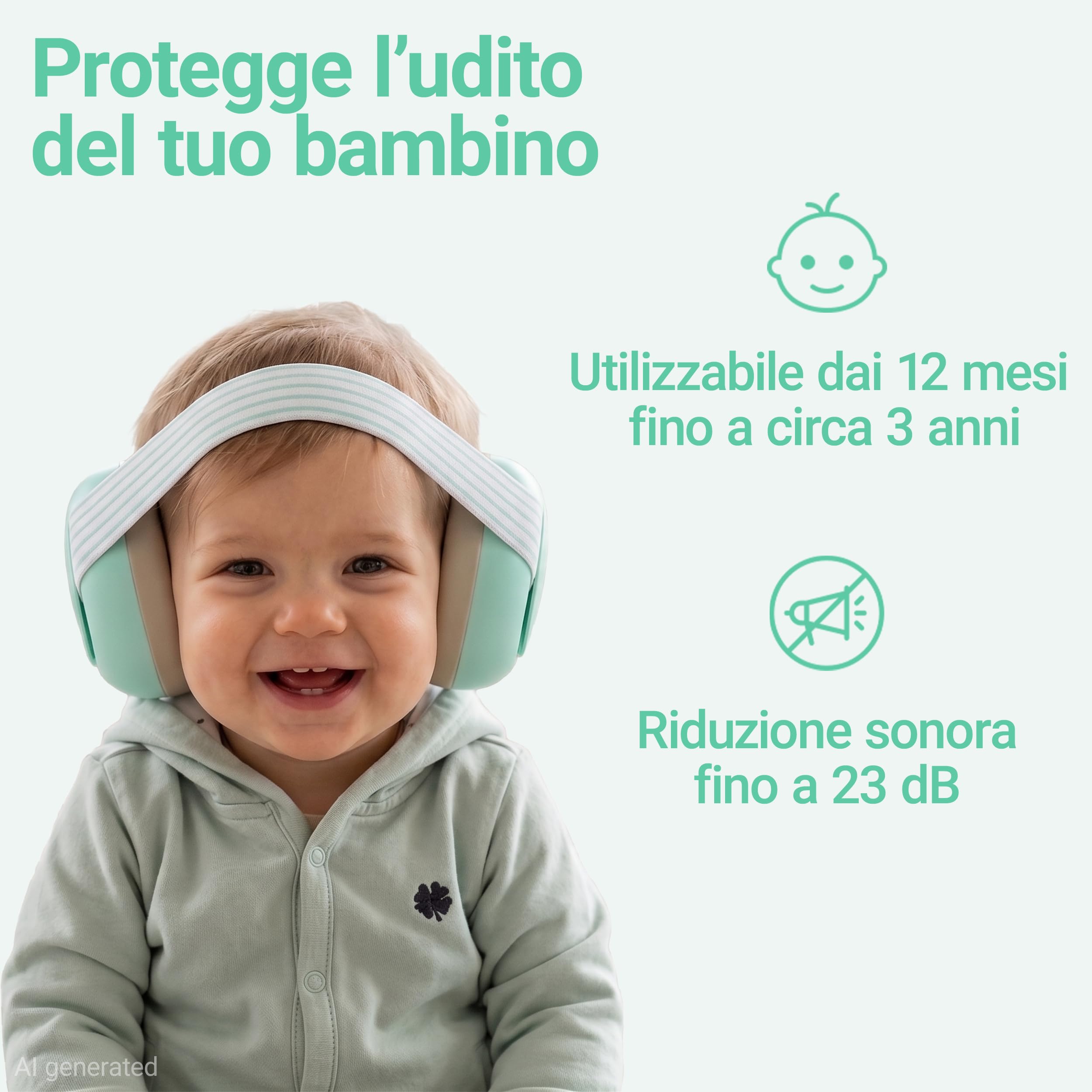 Zamboo Cuffie Antirumore Bambini da 12 Mesi - Protezione Udito Neonato Regolabile per Aereo, Concerti, Festival, Fuochi d’Artificio ed Eventi Sportivi, EN 352-1, Menta