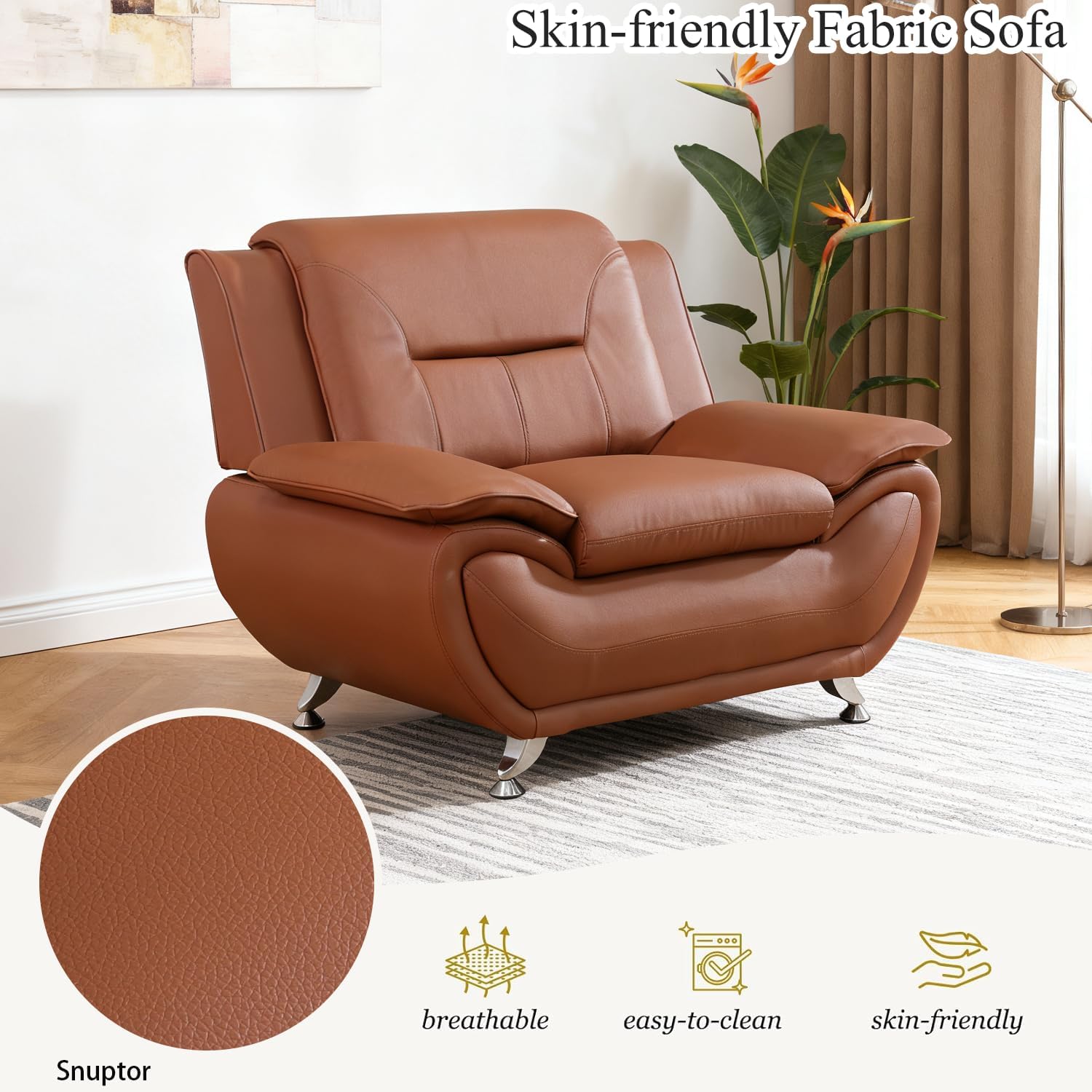 Leather Sofa Chair,Oversized 46" Accent Chair Couch for Living Room,Modern Leather Couch with Metal Legs,Small Sofa for Small Space/Apartment/RV Car/Lounge/Dorm(Orange)