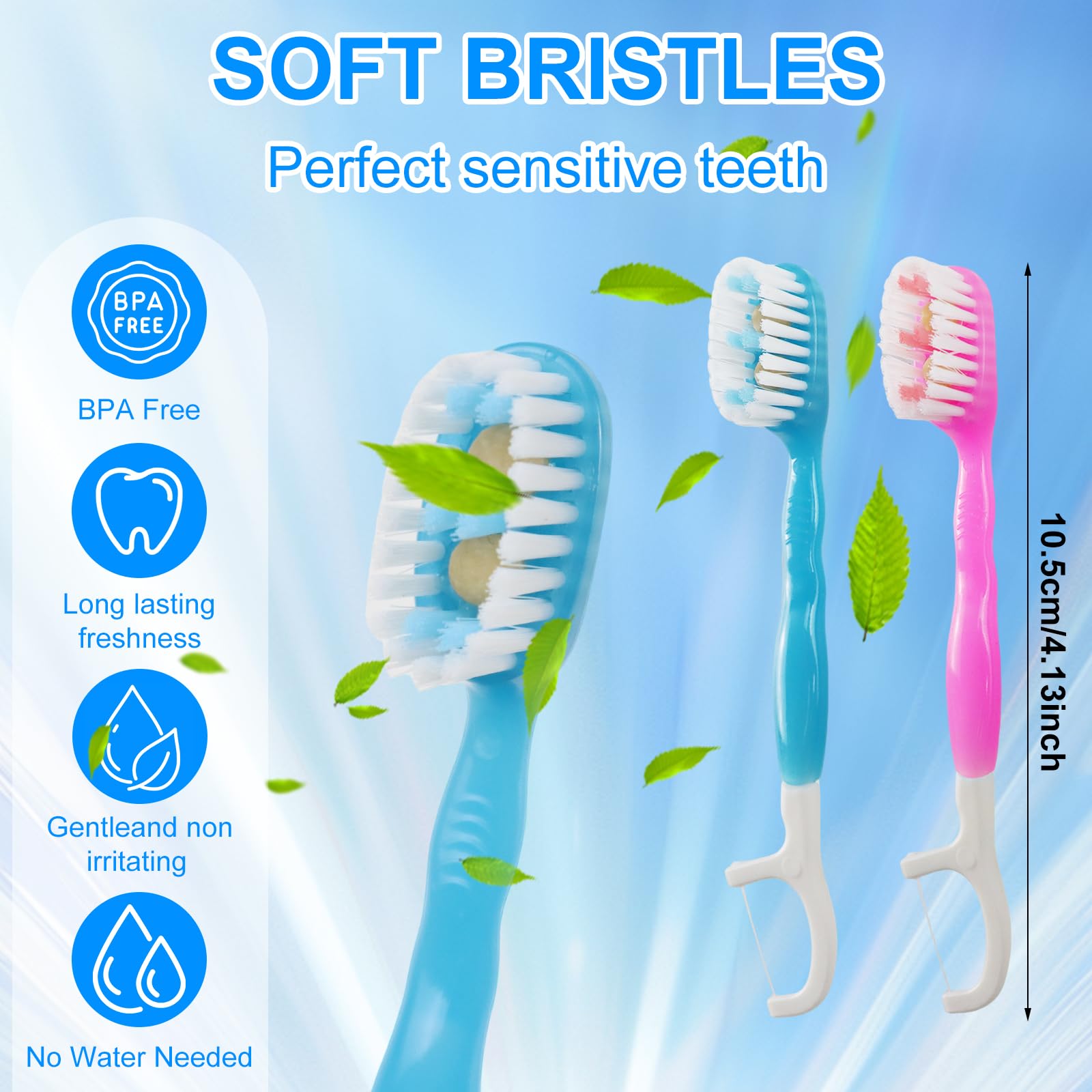 24 Cepillos de Dientes Desechables 5 en 1 con Pasta – Cepillo Dientes Viaje con Hilo Dental, Limpiador Lingual y Palillo, Mini Cepillo de Dientes con Pasta, Portátiles Sin Agua Menta y Melocotón
