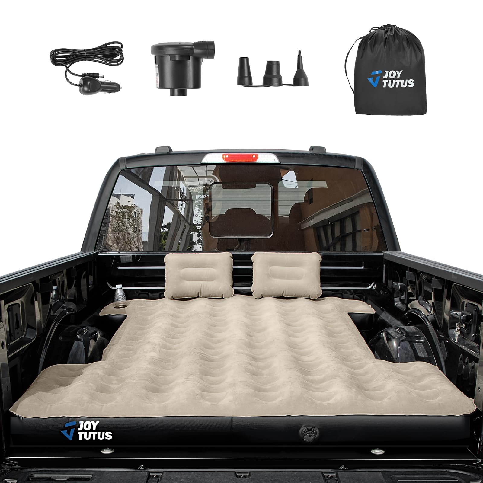 JOYTUTUS Truck Bed Air Mattress for 6.0Ft, Full Size Short Truck Beds,Anti-Leakage, with Air Pump&2 Pillows, Inflatable Pickup Mattress,Compatible with Tacoma&Ranger&Frontier,Camel&Black