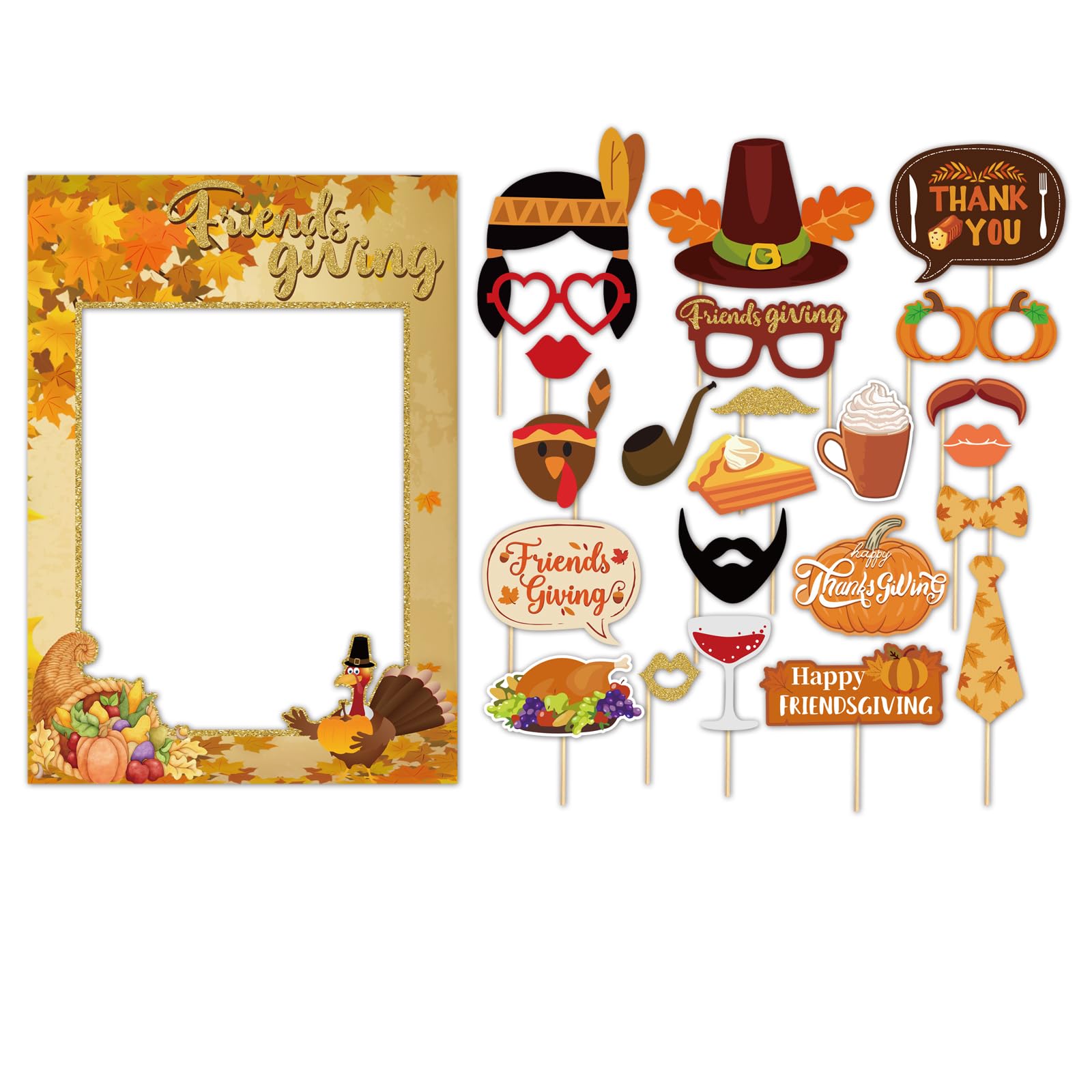 Accessoires photomaton Friendsgiving SWYOUN avec cadre dinde pour photo de fête lot de 24