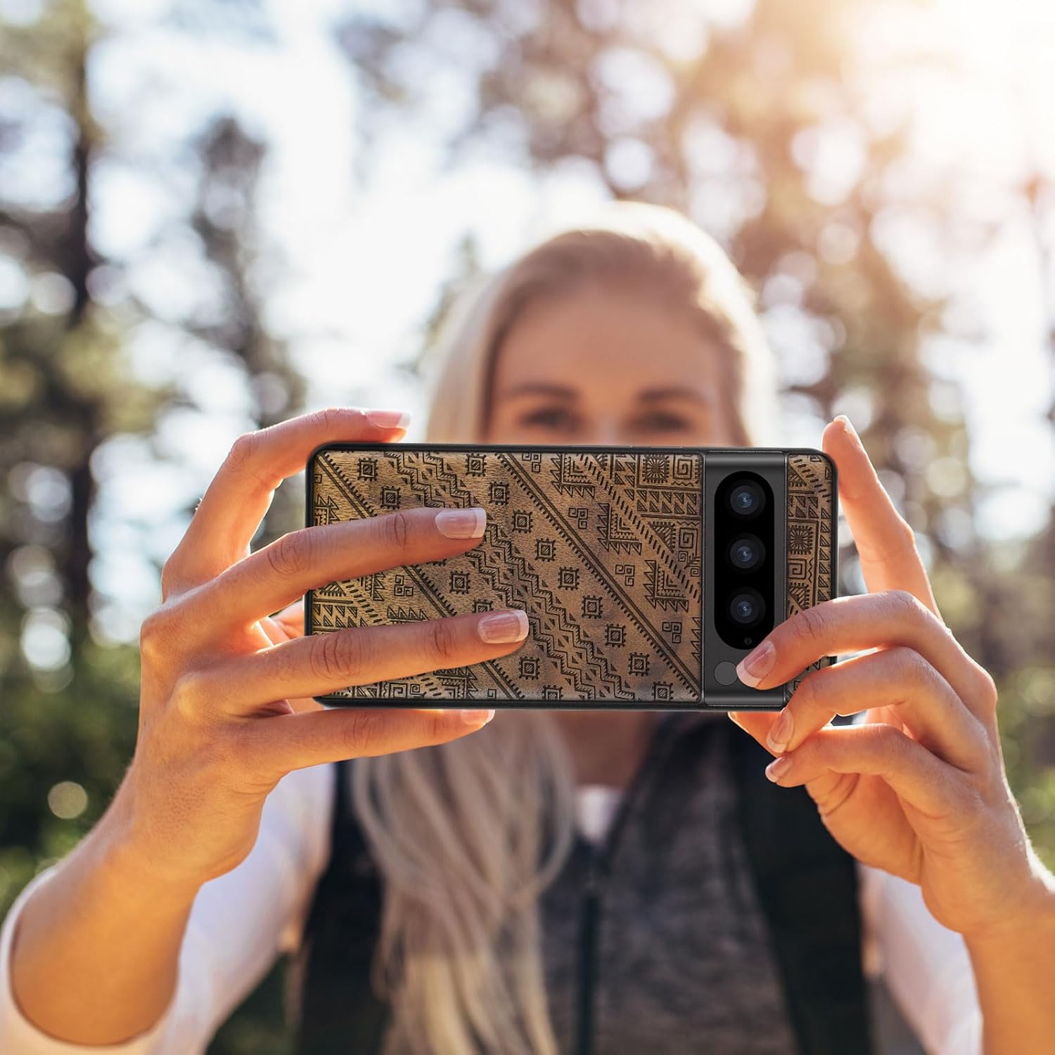 Carveit Wood Case for Pixel 8 Pro Case [Natural Wood & Black Soft TPU] Shockproof Protective Unique Wooden Cover Compatible with Google Pixel 8 Pro (Aztec Geometric Harmony-Walnut)