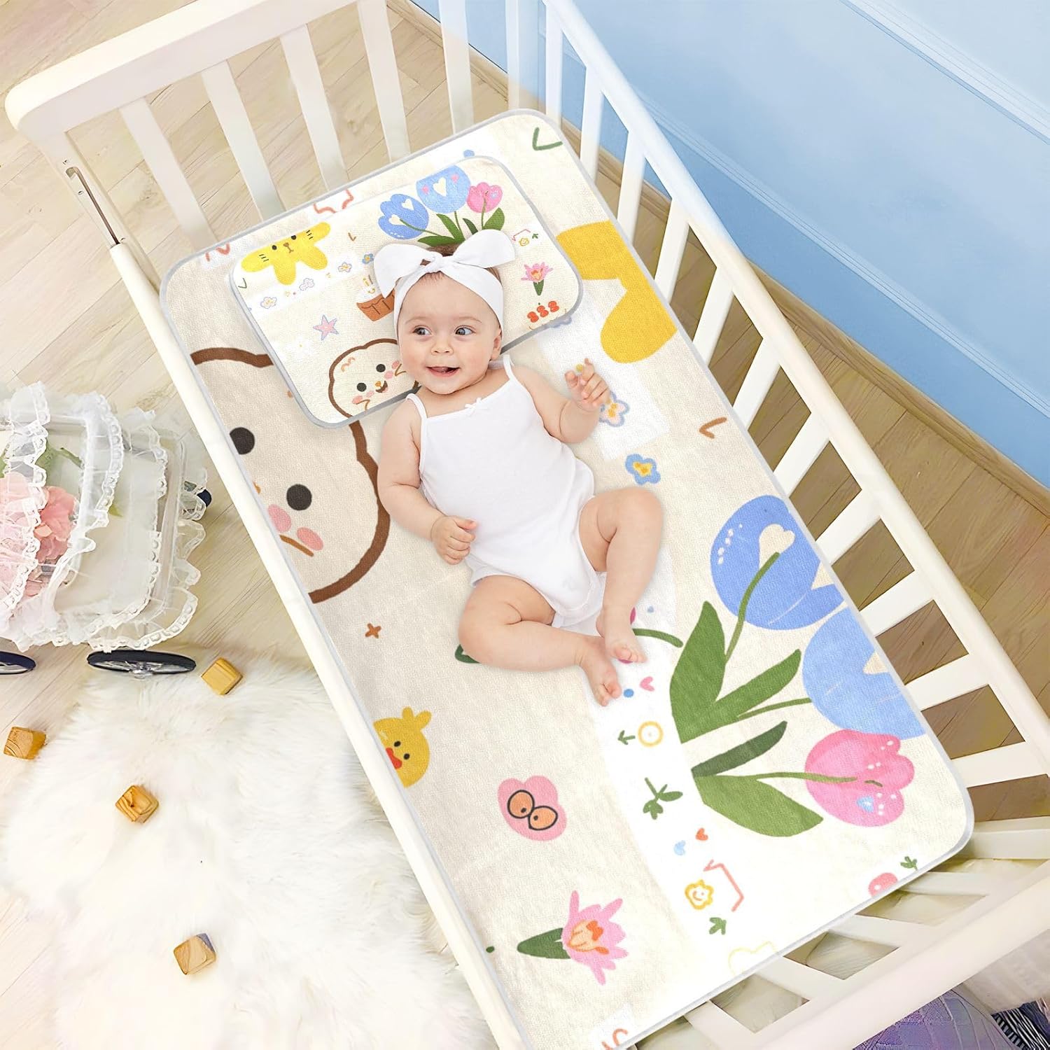 Cartoon Cute Flower Star Cooling Baby Mattress pad Cover 28" x 52" Absorbent Pads for Bed Washable for Baby&Toddler