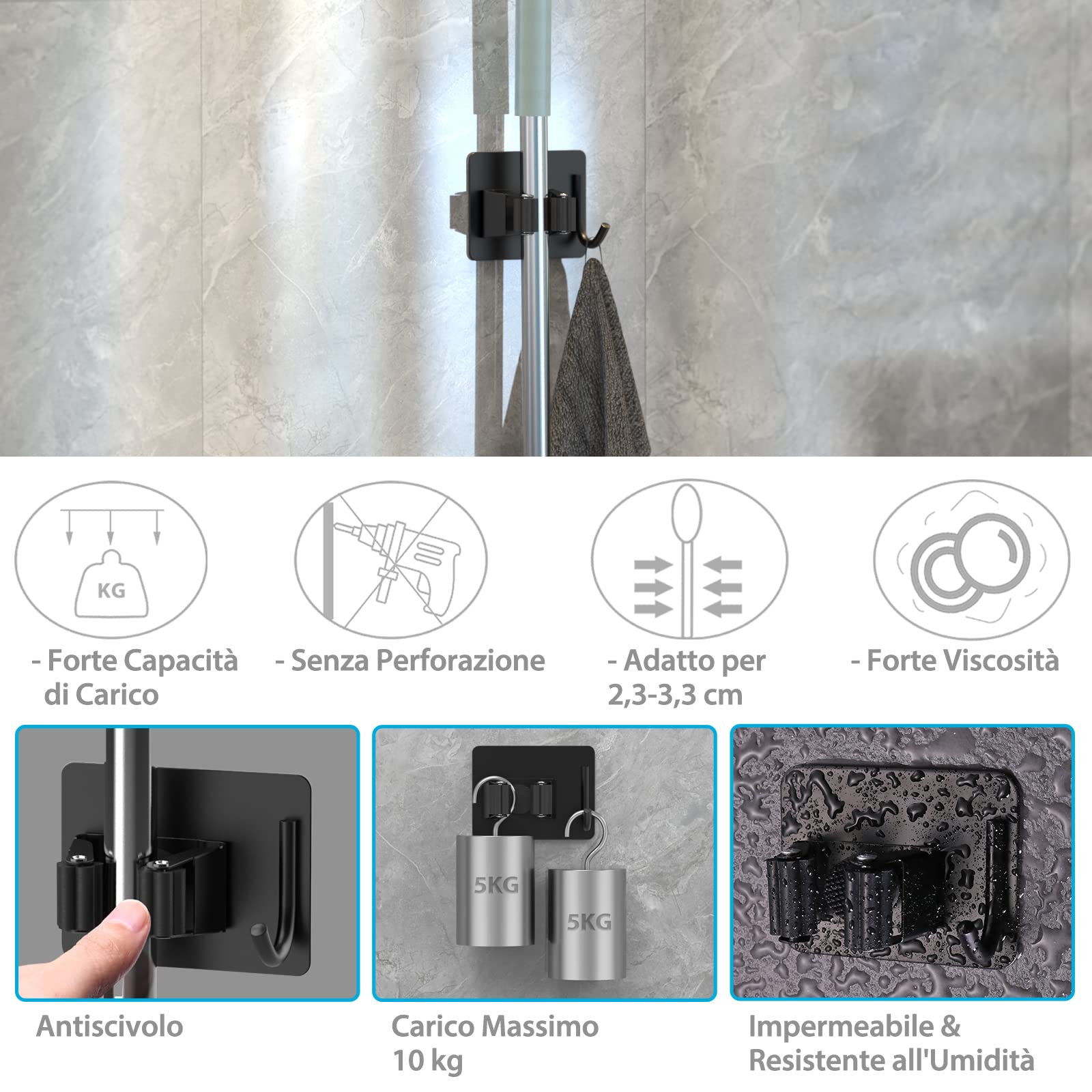 HOMEASY Portascope da Muro Adesivo Appendibile 4 Pezzi, Acciaio Inossidabile per Cucina Bagno Giardino, Nero