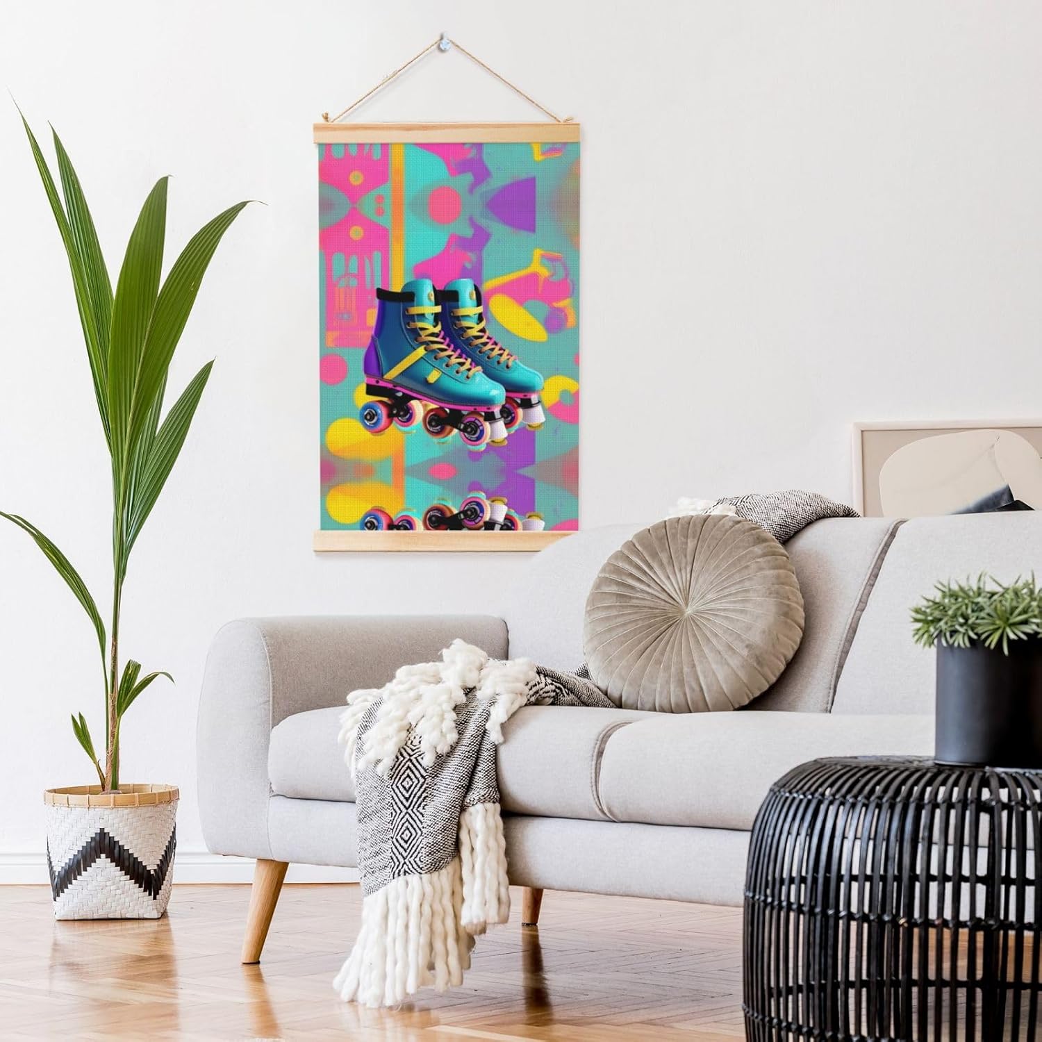 Retro Colorful Roller Skates Print Poster Hanger,Hanging Poster, Poster Frame,Wood Poster Hanger, For Wall Hanging