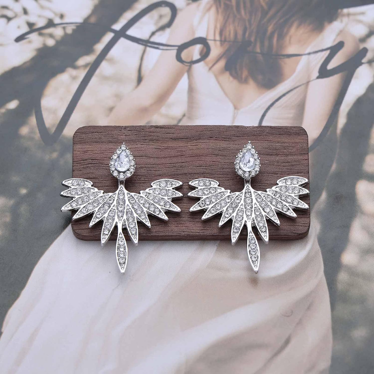 Vintage Crystal Lotus Ear Jacket Earrings Rhinestone Lotus Stud Earrings Silver Cz Lotus Ear Climber Earrings Crystal Curved Earrings Crystal Wing Ear Jacket Earrings for Women - Image 3