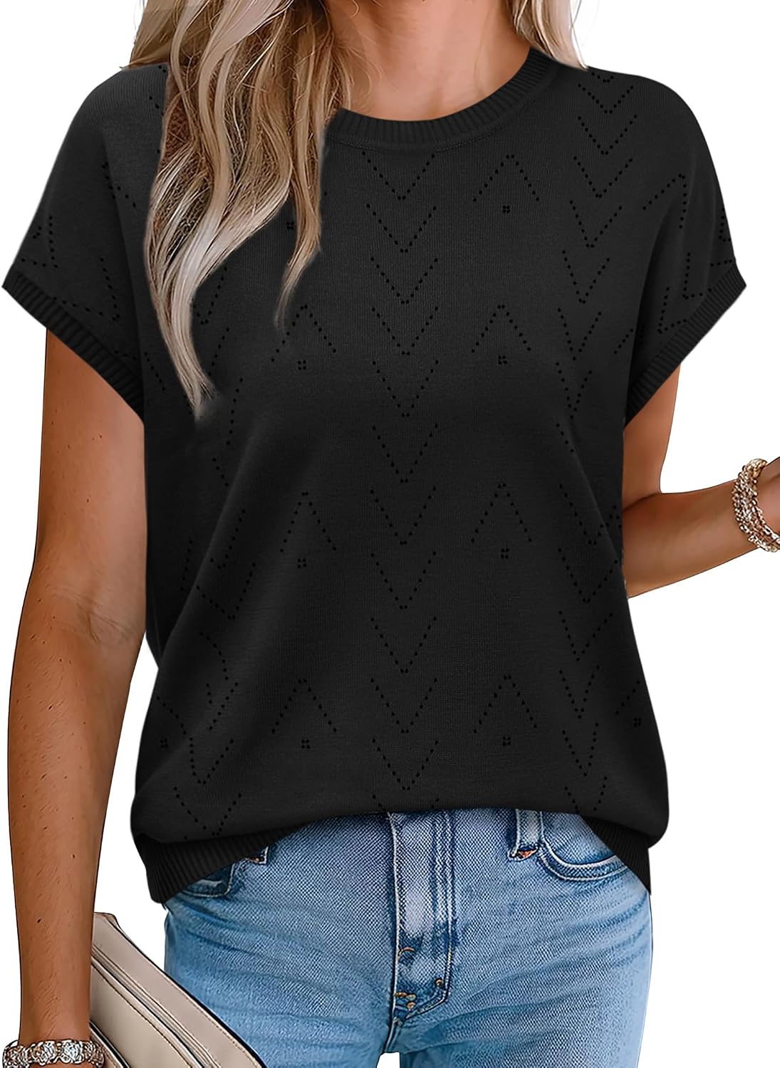 Sampeel Short Sleeve Sweaters for Women Crew Neck Summer Tops 2026 Trendy Beach Vacation Clothes Business Casual Outfits