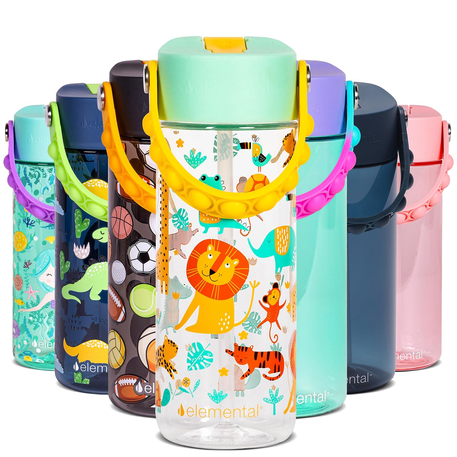 Elemental Water Bottles for Kids - Splash Kids Water Bottle for School with Pop-it Handle - BPA Free Tritan Plastic Water Bottle with Straw Leak Proof