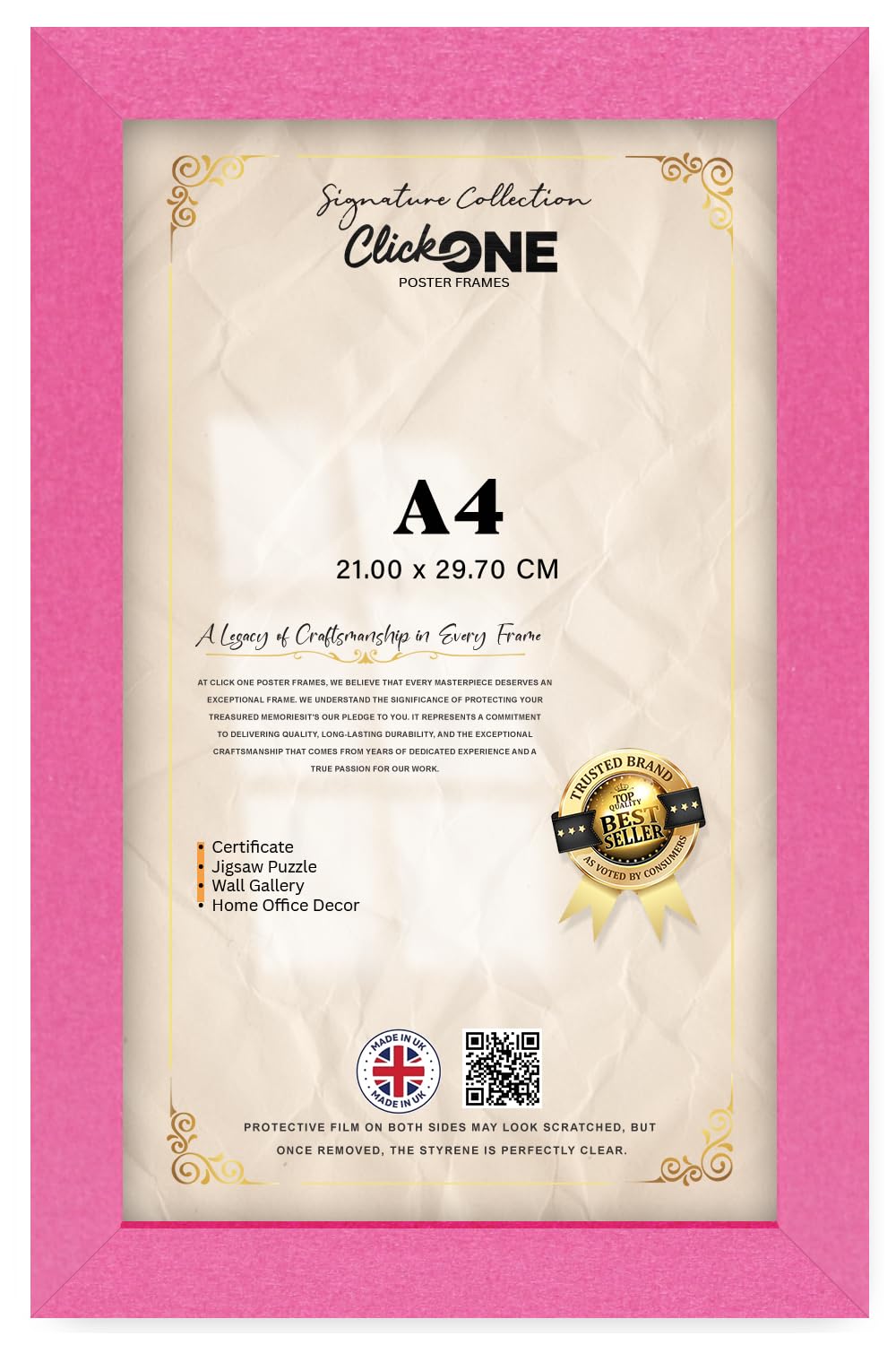 Click One | Modern A4 (21.00 X 29.70 CM) Crystal Clear Display For Paintings And Photos — Switchable Vertical Or Horizontal Presentation For Galleries, Home And Office 11 X 8 Inch Pink