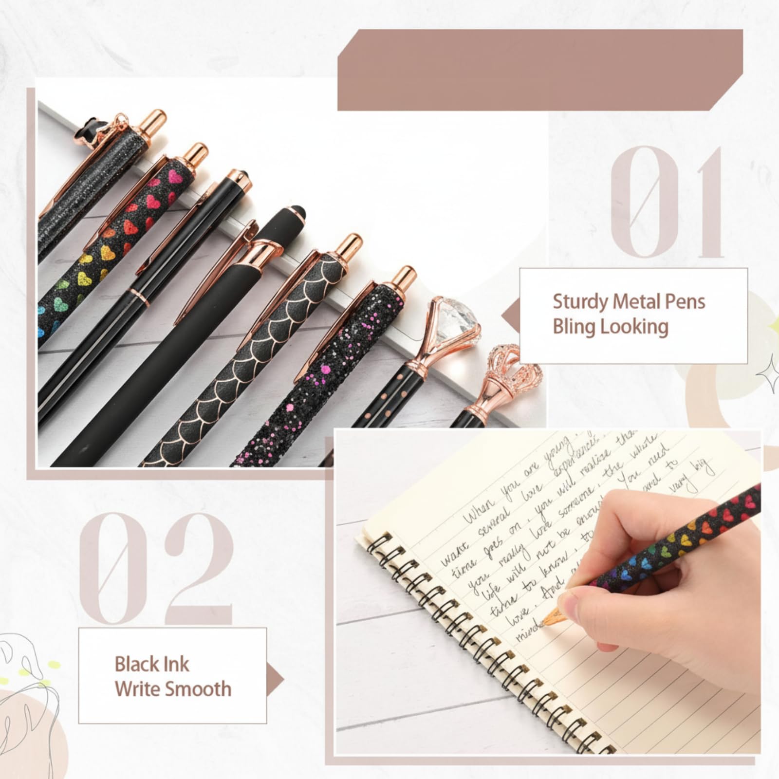 9 Bolígrafos De Metal Con Diamantes Para Diario, Tinta Negra, Retráctil, Con Purpurina, Para Mujer, Escuela, Boda, Oficina, Computadora, Suministros Para El Hogar (oro Rosa