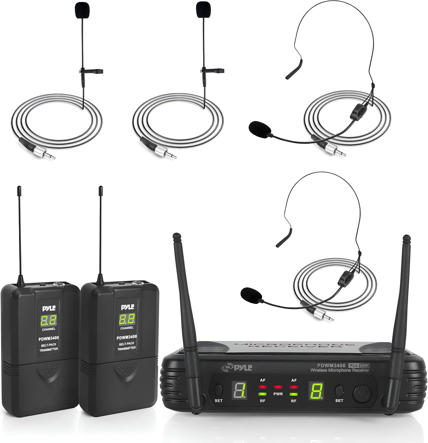 Pyle 2 Channel Wireless Microphone System - Portable UHF Digital Audio Mic Set with 2 Headset, 2 Lavalier lapel, 2 Transmitter, ¼’’ cable, power adapter - For Karaoke, PA, DJ, - PDWM3400,Black