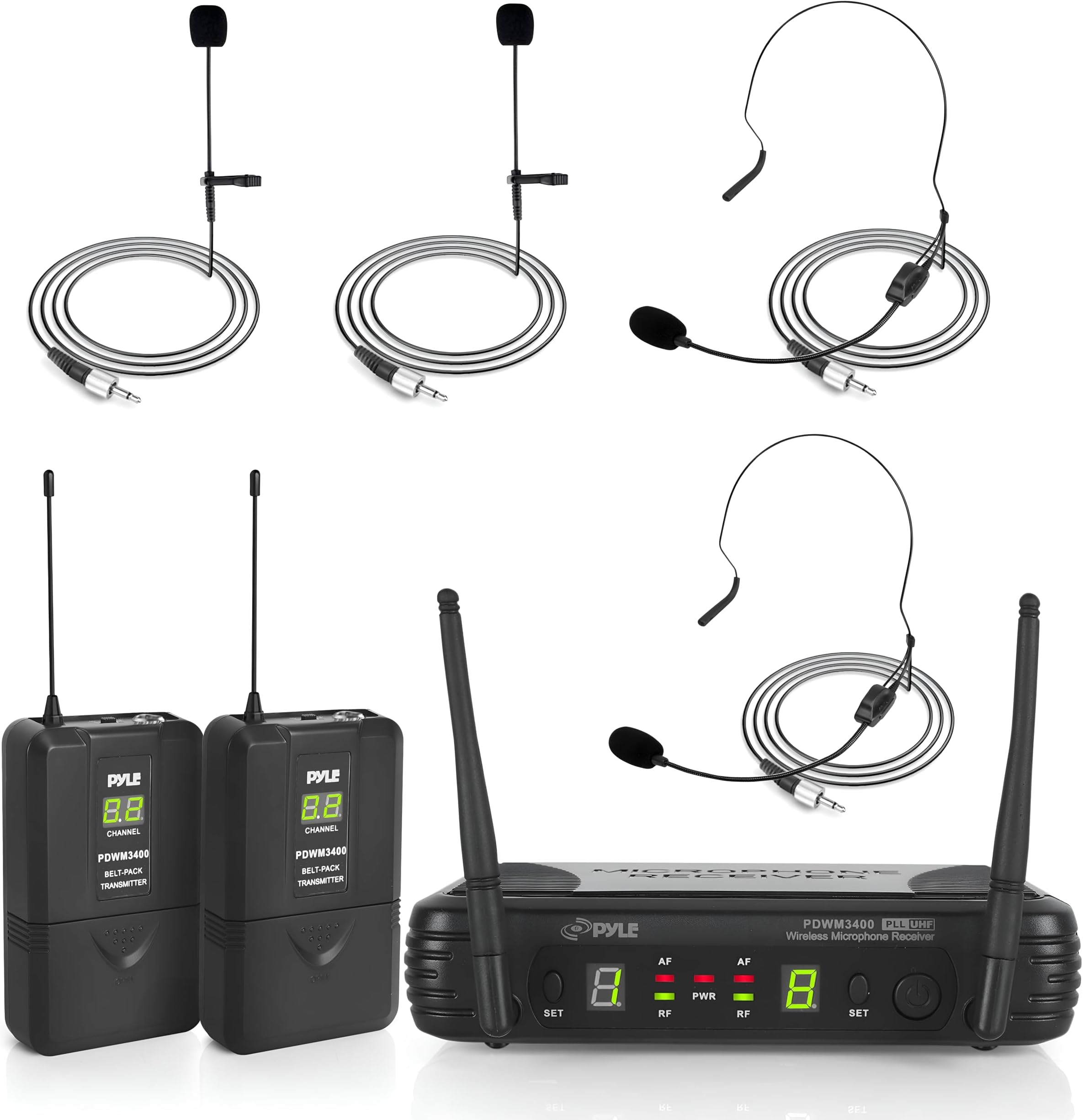 2 Channel Wireless Microphone System - Portable UHF Digital Audio Mic Set with 2 Headset, 2 Lavalier lapel, 2 Transmitter, ¼’’ cable, power adapter - For Karaoke, PA, DJ, - PDWM3400,Black