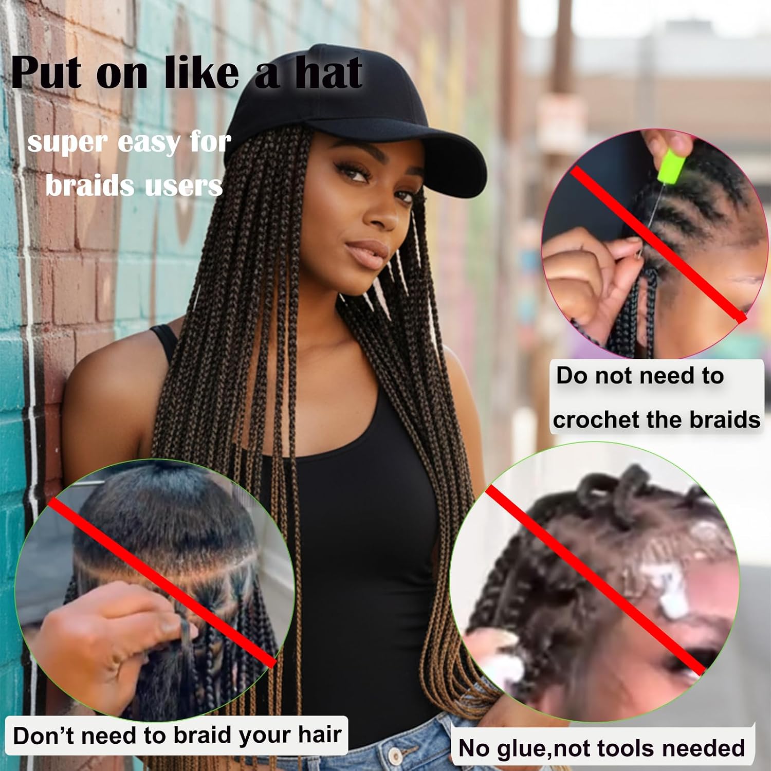 Hat Wig for Women Baseball Cap with Braided Hair Attached Synthetic Box Braid Wig Hat Adjustable Cap with Ombre Light Brown Braids for Daily Outdoor Use
