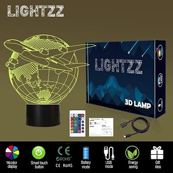 Airplane 3D Illusion Night Light LED Earth Table Lamp 16 Color Birthday Gifts for Boys Men Pilot Office Room Decoration