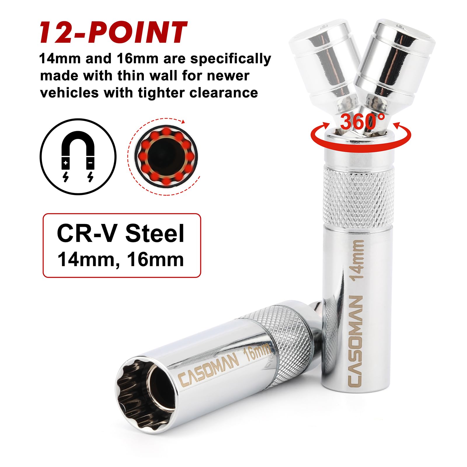 CASOMAN Set di 10 chiavi magnetiche per candele di accensione da 3/8", 6PT e 12PT, include barra di estensione, giunto unviersal e gap per candela, acciaio CR-V