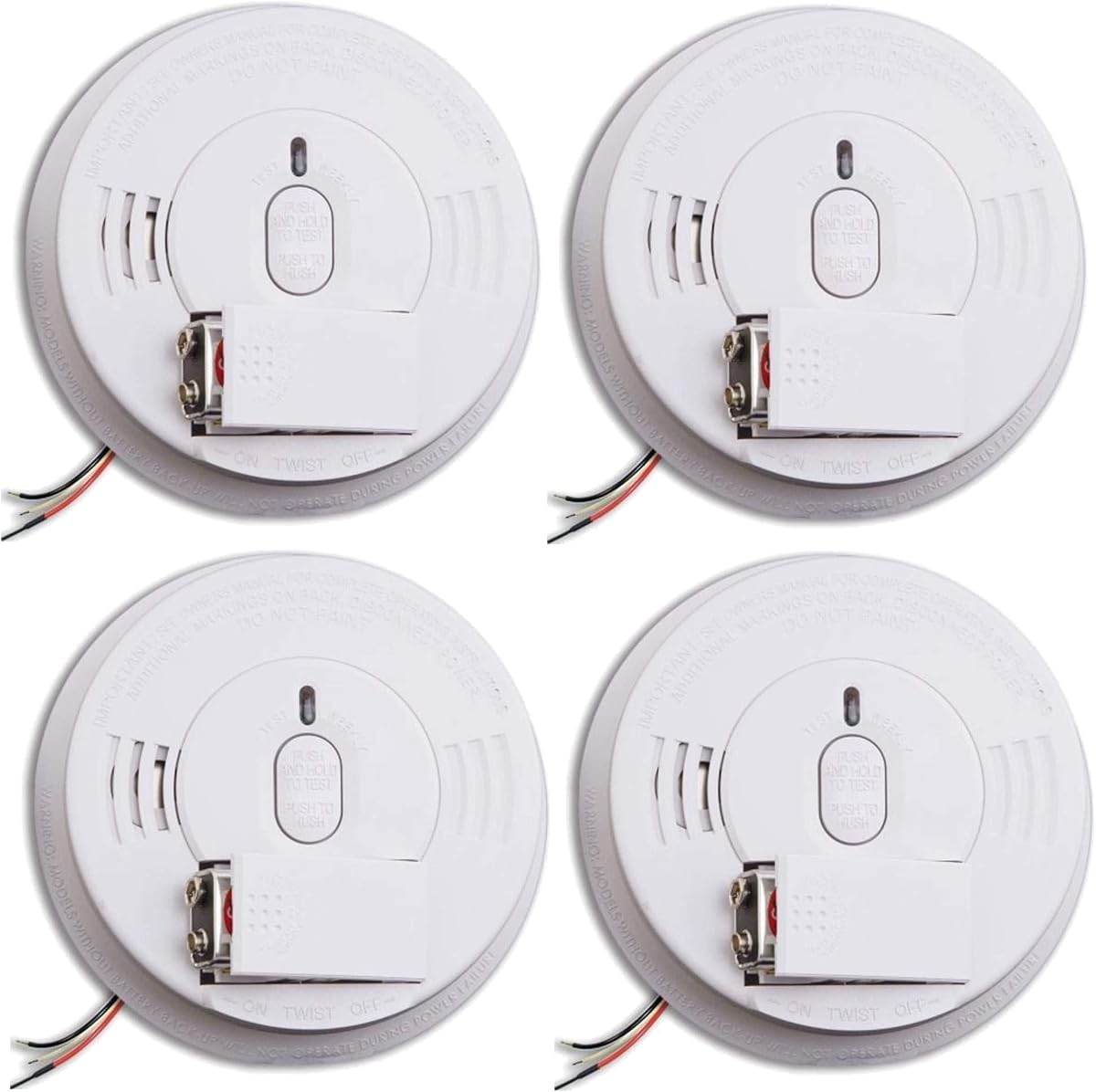 Detector de humo Kidde, alarma de humo cableada con respaldo de batería, puerta de batería de carga frontal, botón de prueba de silencio, paquete de 4, blanco
