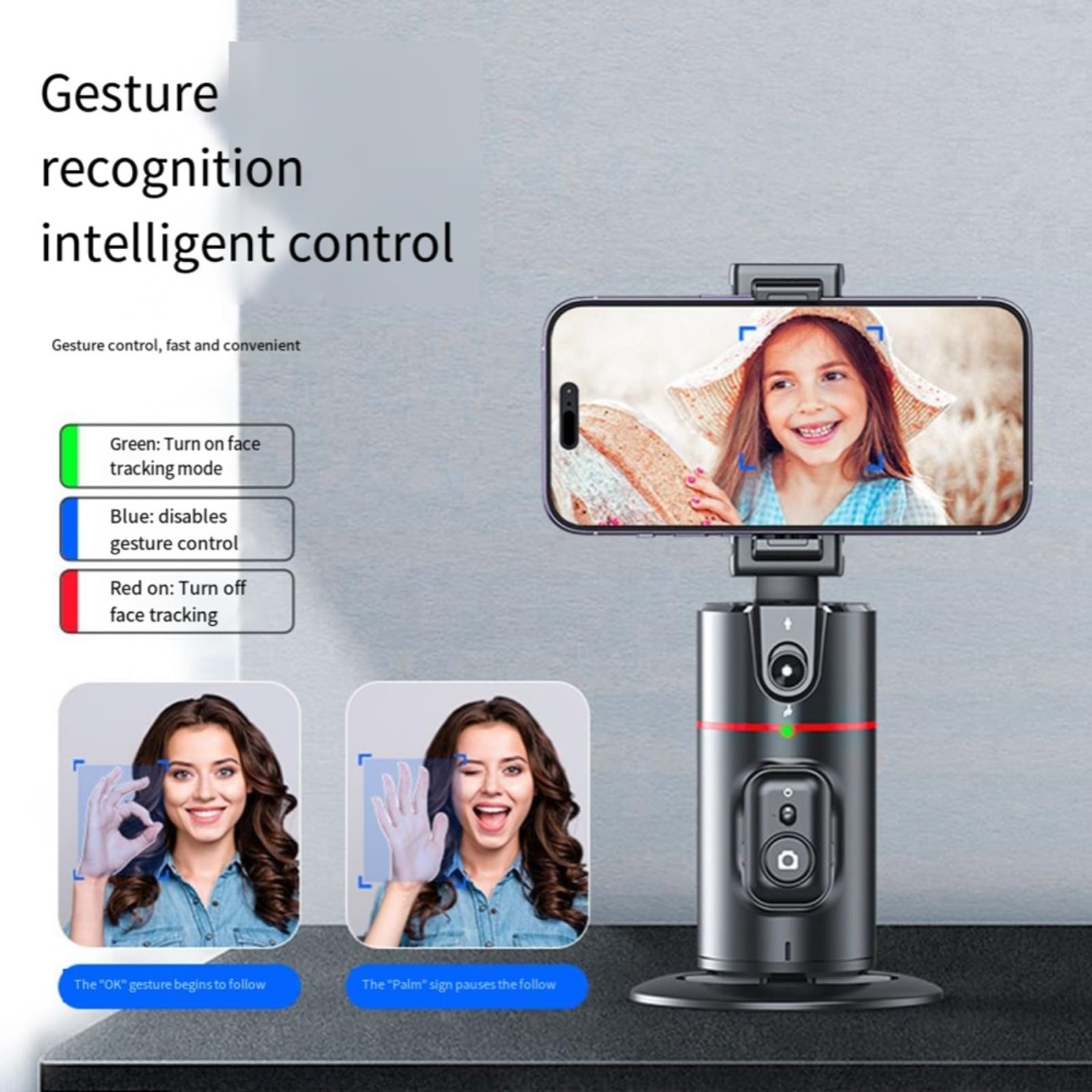 Gimbal girevole a 360° per stabilizzatore, per smartphone, con Face Tracking e otturatore remoto, supporto compatto da tavolo in ABS, per live streaming e vlogging, nero (doppia luce P03)